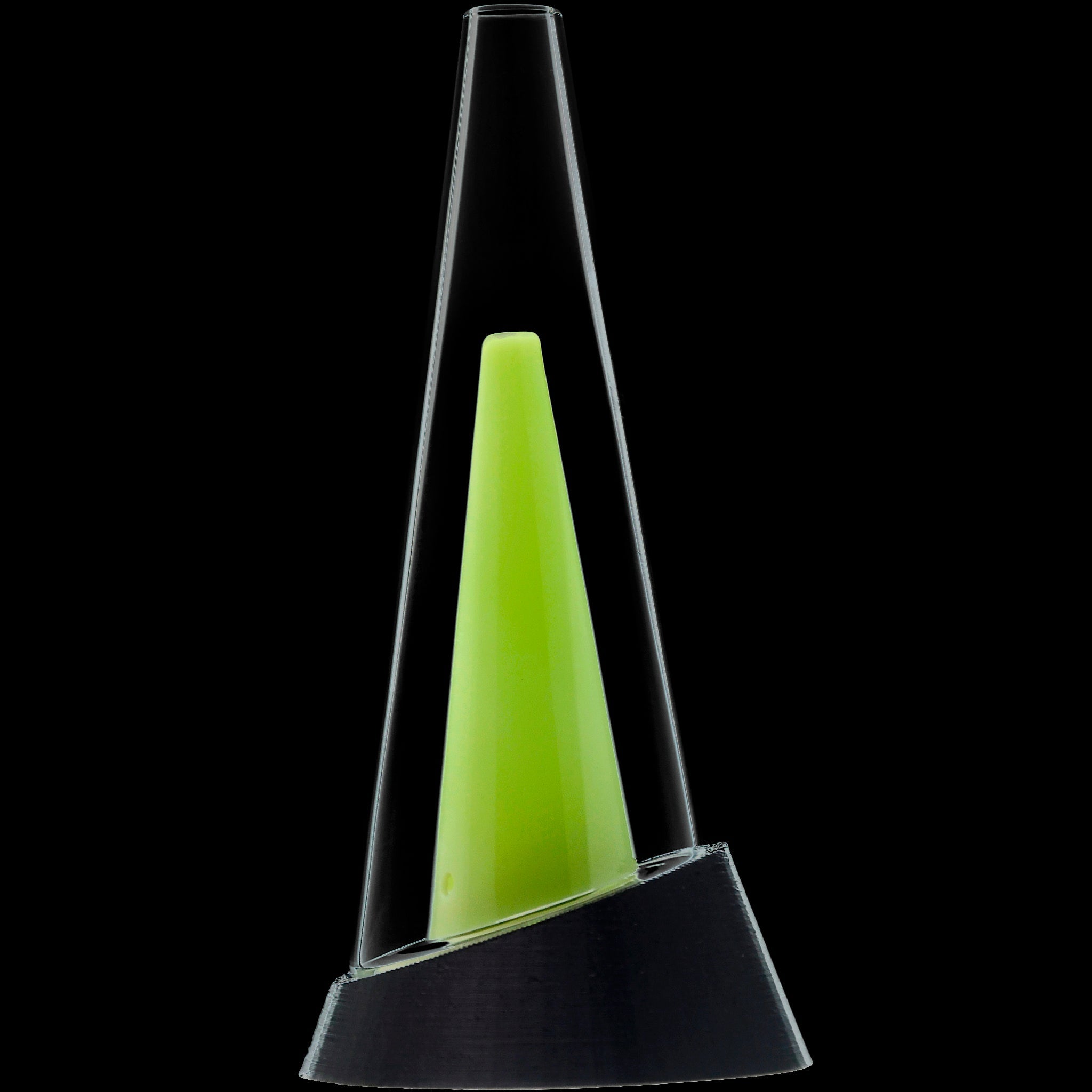 Close-up vertical view of the Frosted Glassic Puffco Peak Replacement Glass showing its tapered cone and neon green inner stem against a black background