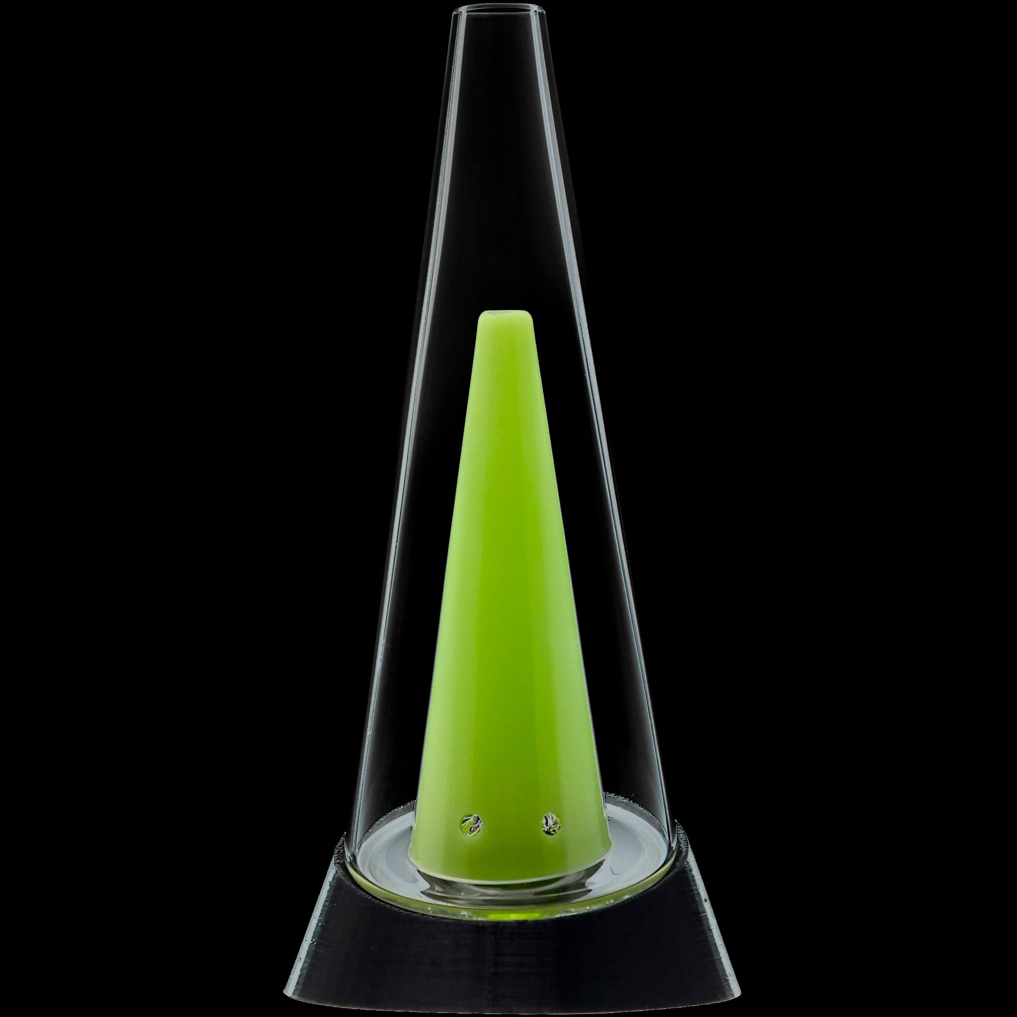 Centered close-up of the Glassic Puffco Peak Replacement Glass showing its tapered clear outer chamber and bright green inner cone against a black background
