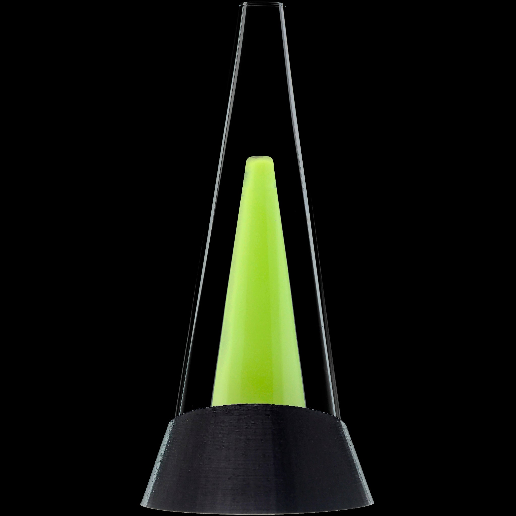 Close-up vertical view of the Glassic Puffco Peak Replacement Glass showing a milky green inner cone framed by clear glass.