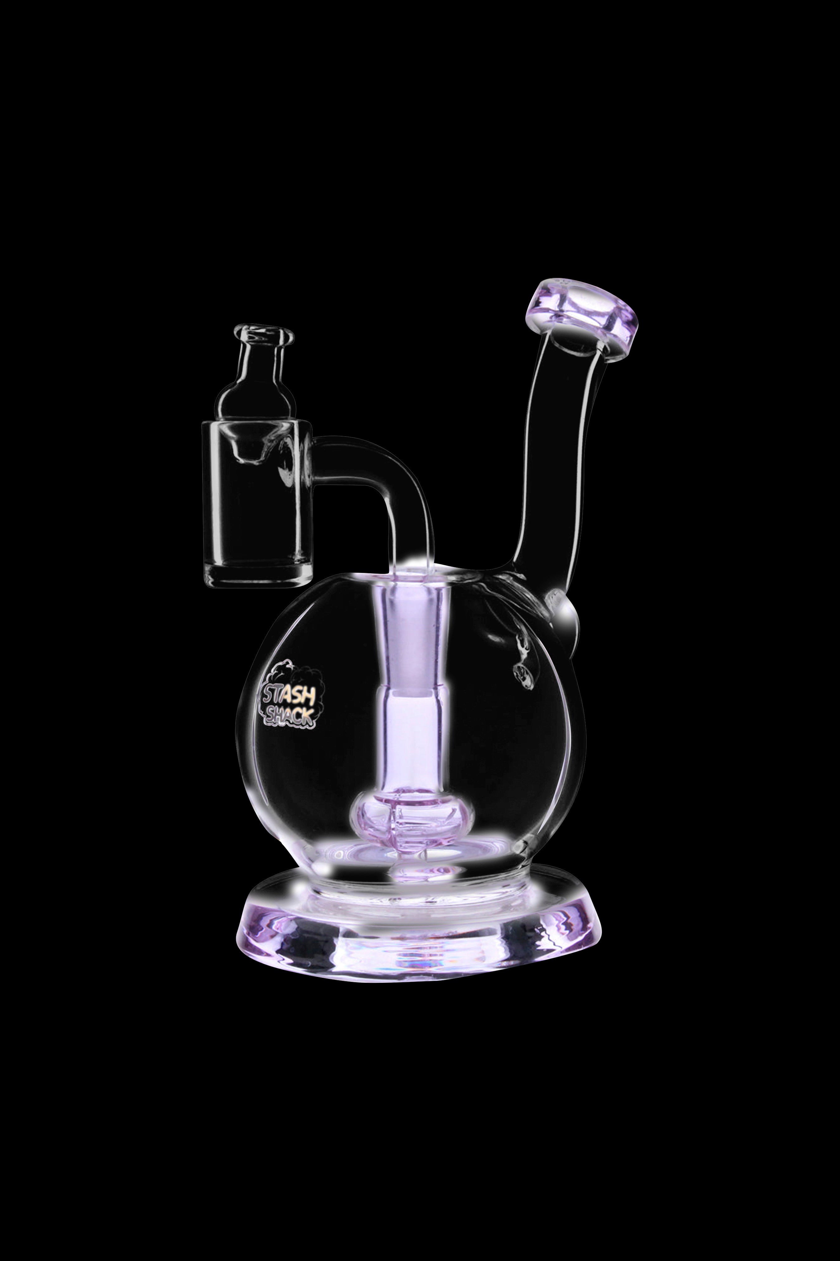Purple glass dab rig with water filtration against a black background.