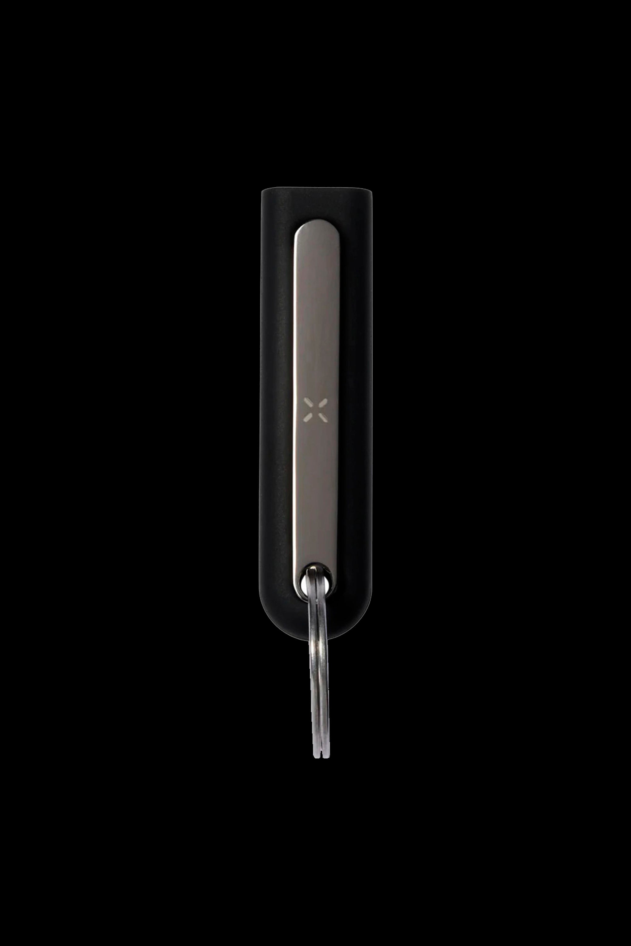 Sleek, metallic cannabis vaporizer pen encased in a clear protective shell, hanging from a keyring against a black background.