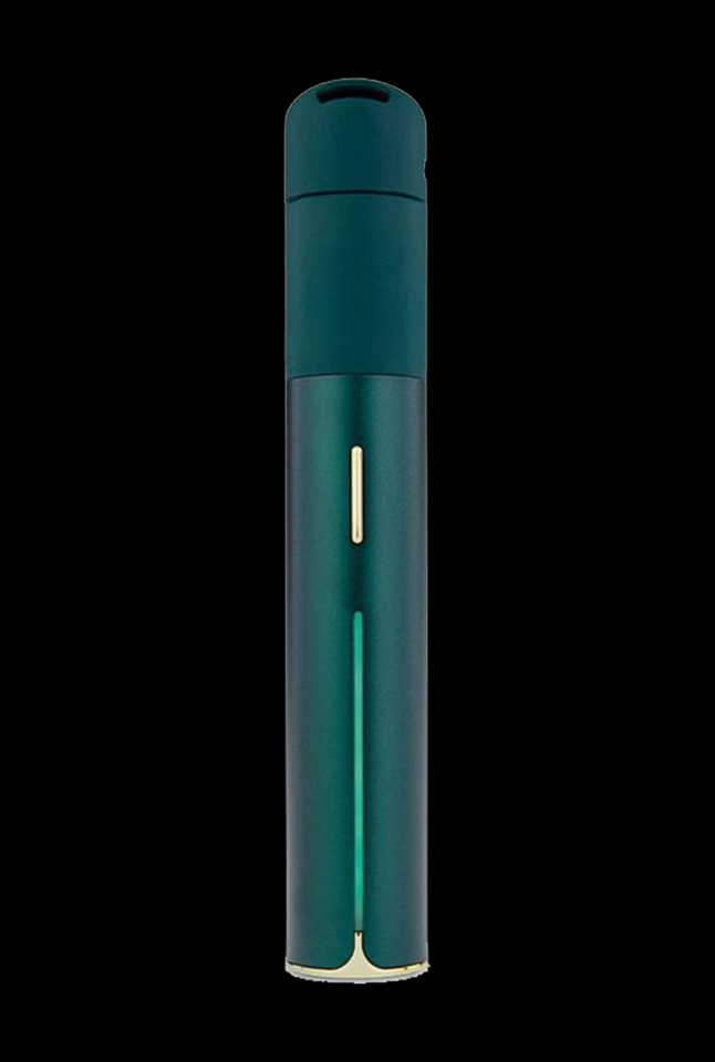 Centered vertical view of a forest green Puffco Pivot Vaporizer against a black background showing its slim cylindrical body and illuminated front strip.