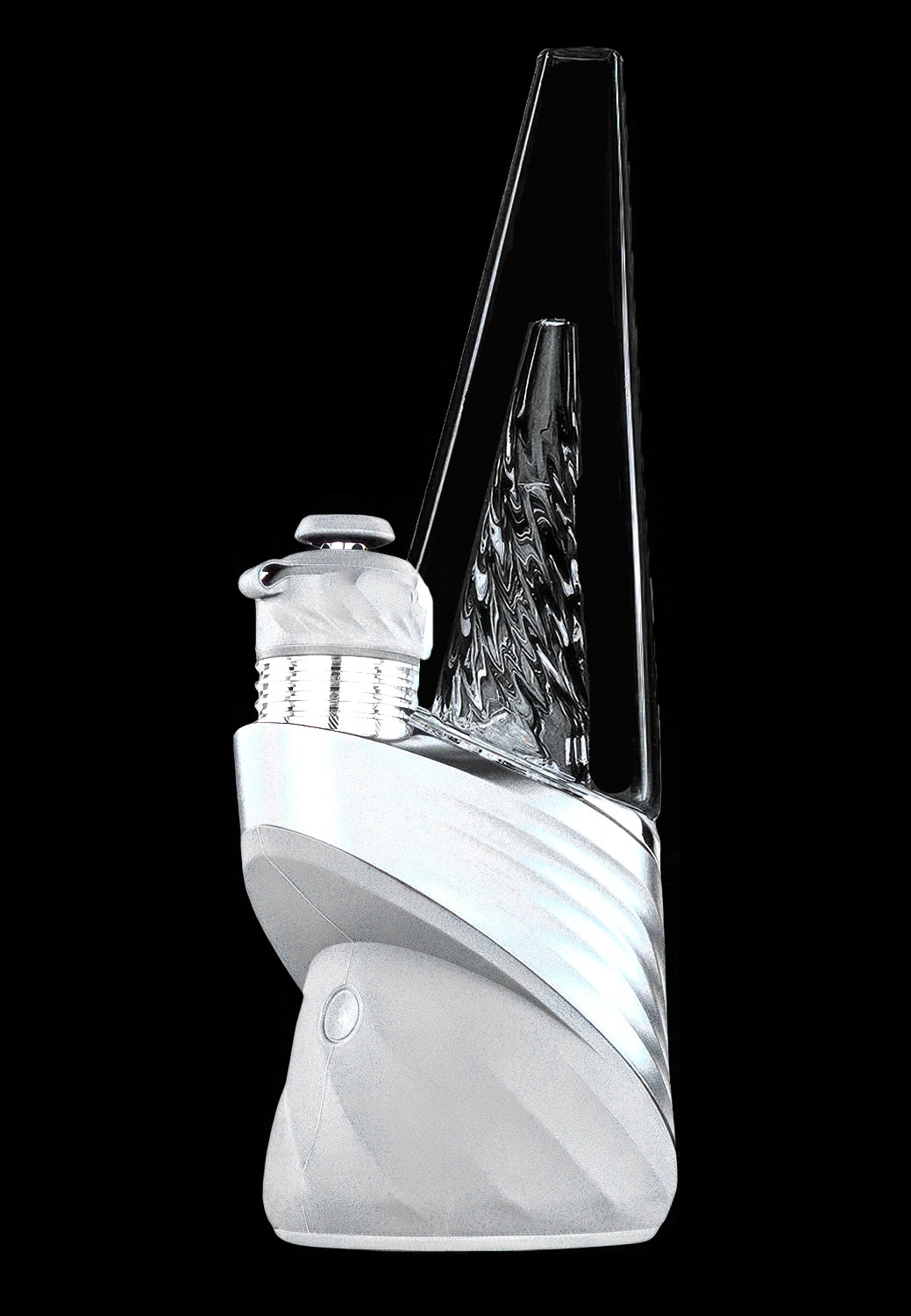 Side profile of the Puffco New Peak Pro with 3D XL Chamber against a black background, showing its tall glass peak and textured silver base.