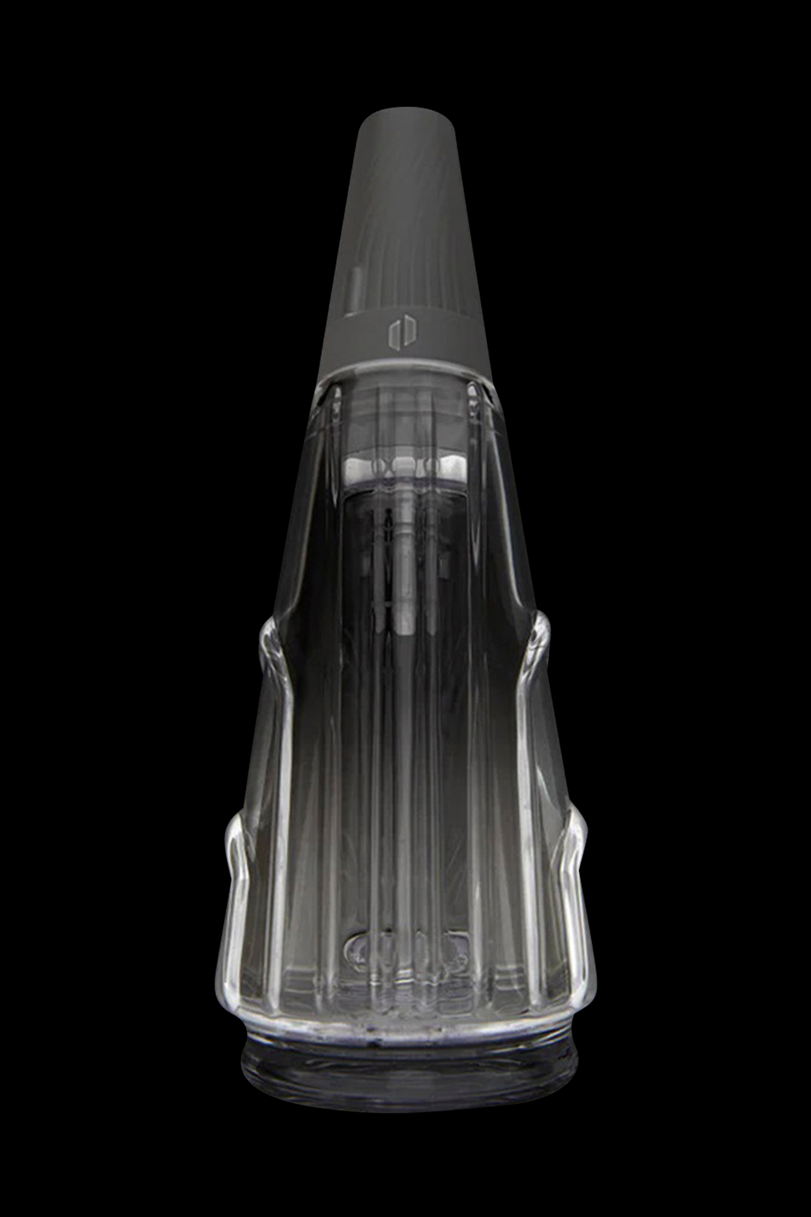 Clear glass cannabis oil rig with black accents, isolated on a black background.