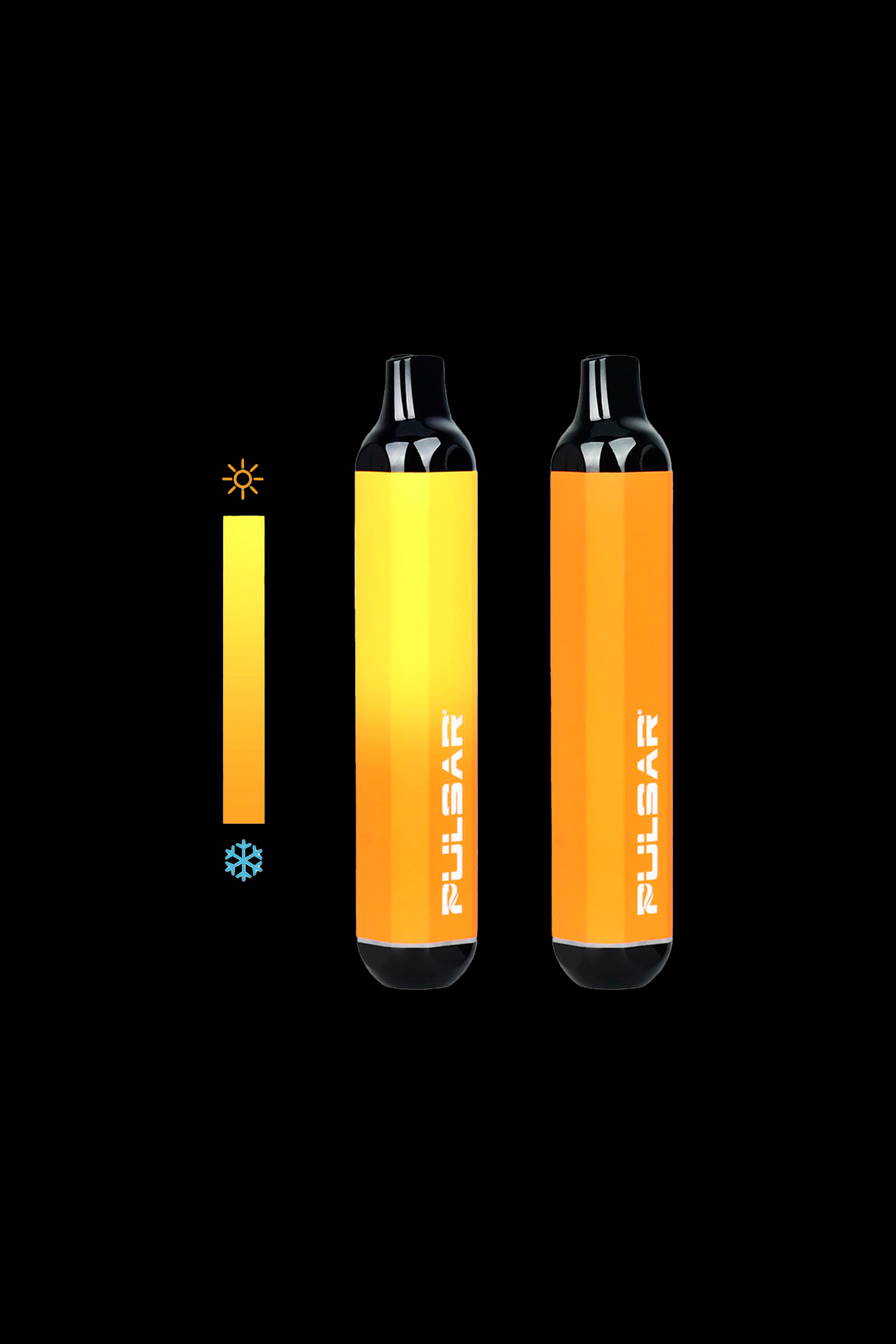 Two orange Pulsar vaporizers with temperature scale indicating heat settings.