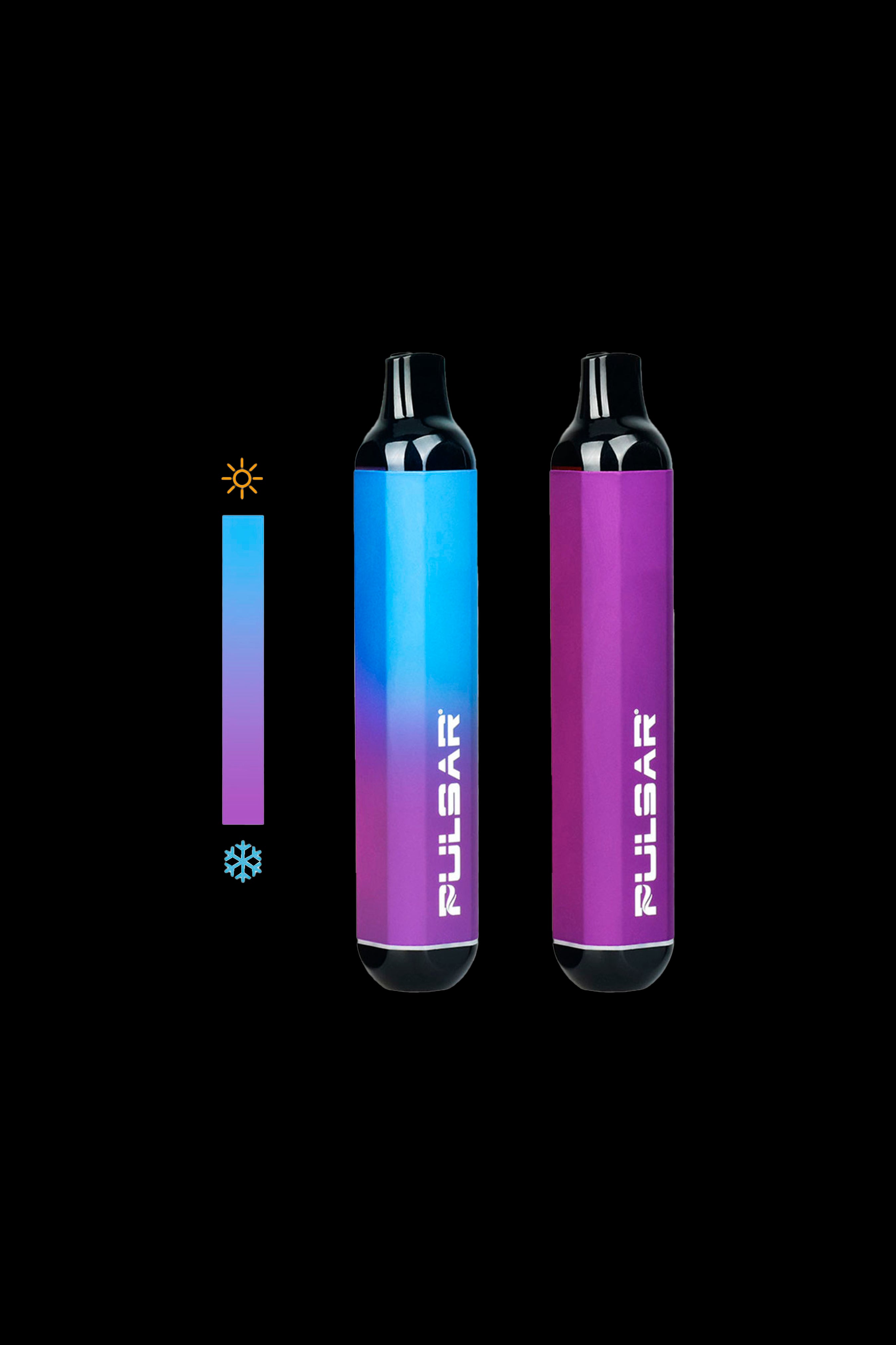 Two cannabis disposable vapes, one blue and one purple, with vertical branding and a temperature gradient graphic.