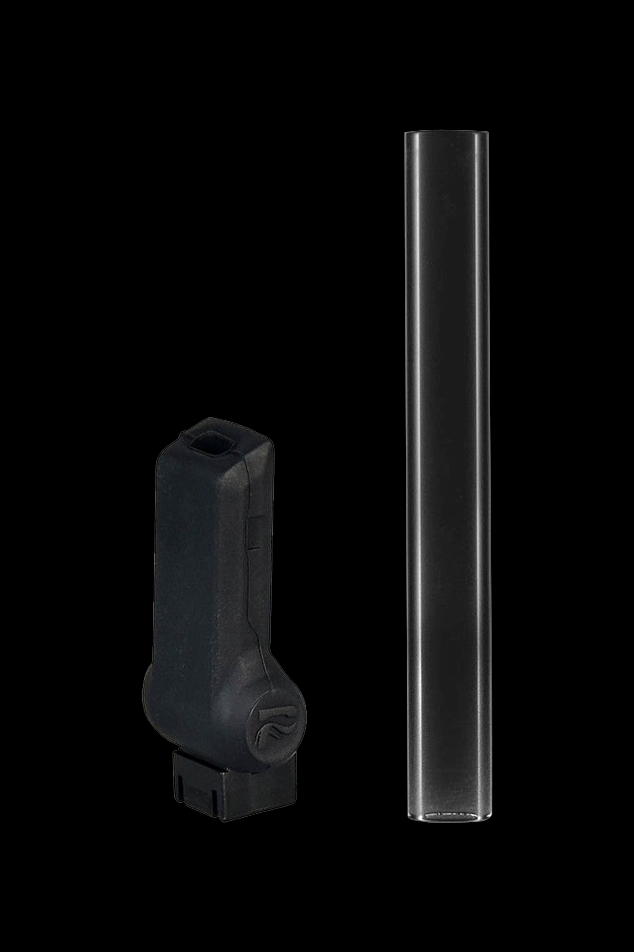 Black cannabis oil vape pen with glass cartridge.