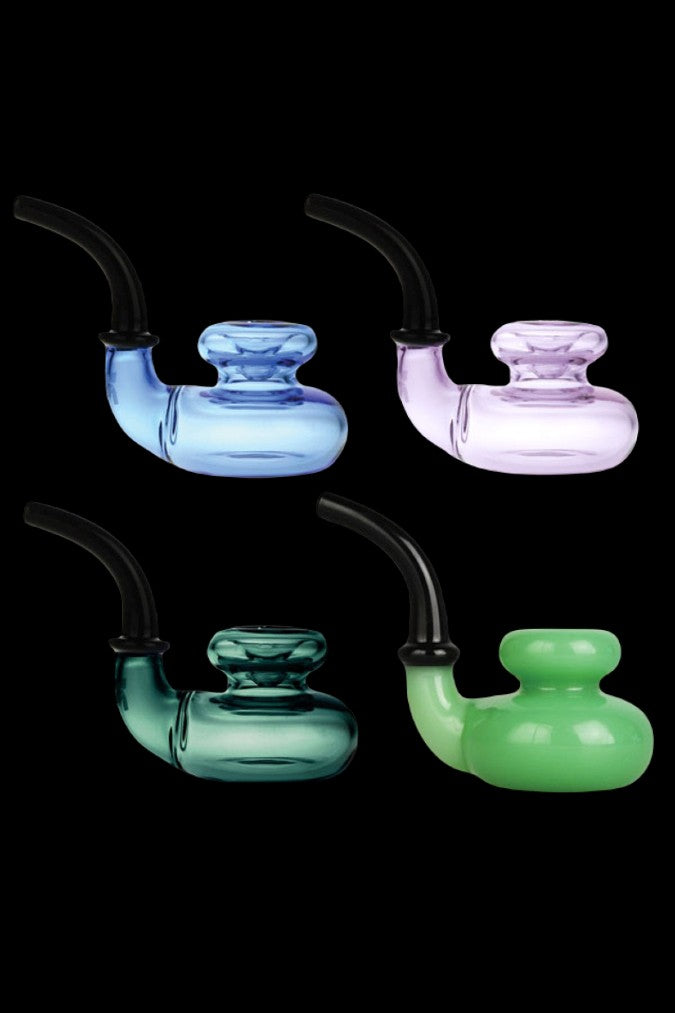 Four colorful glass bubblers with curved stems against a black background.