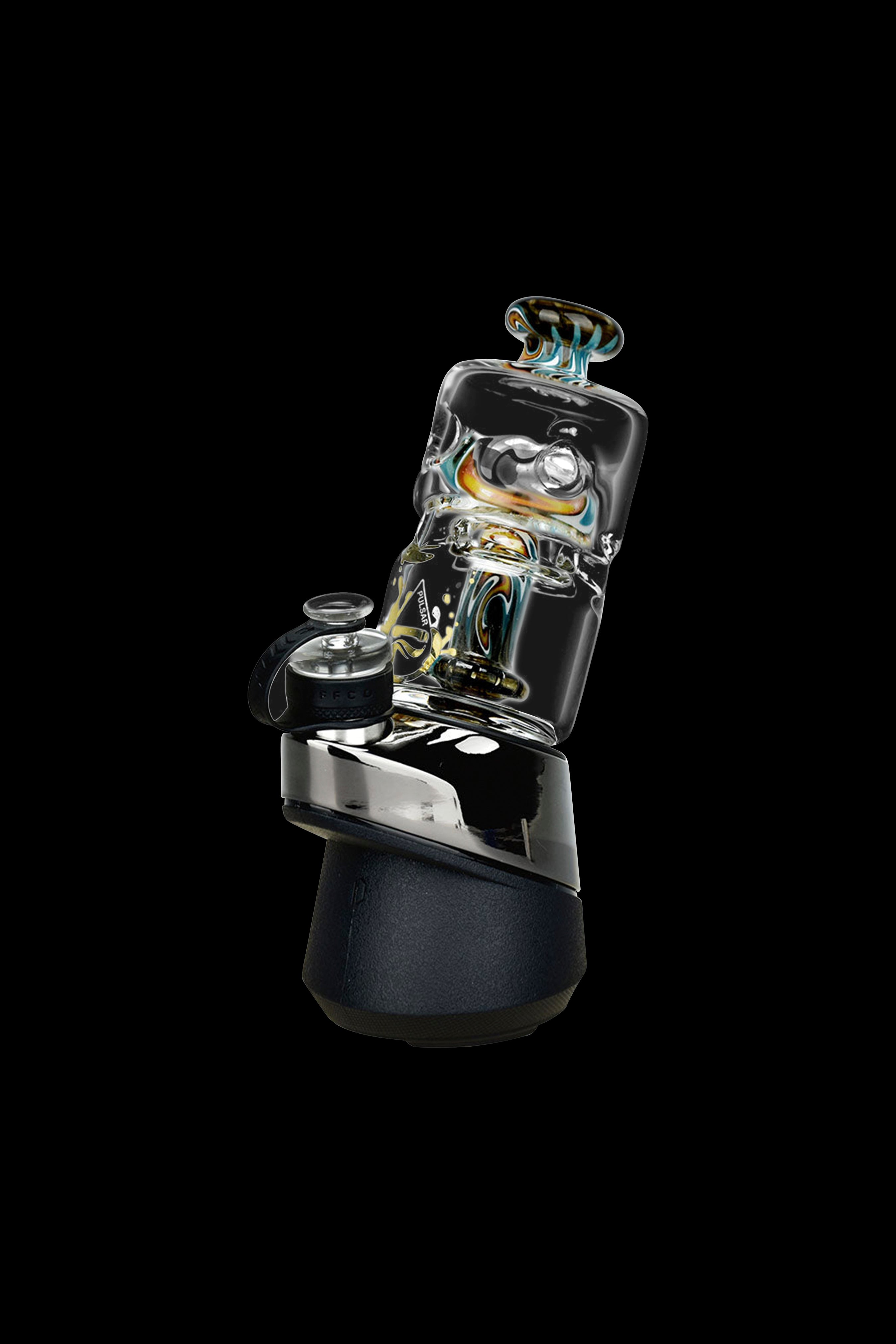 High-tech cannabis dab rig with glass and electronic components, studio shot on black.