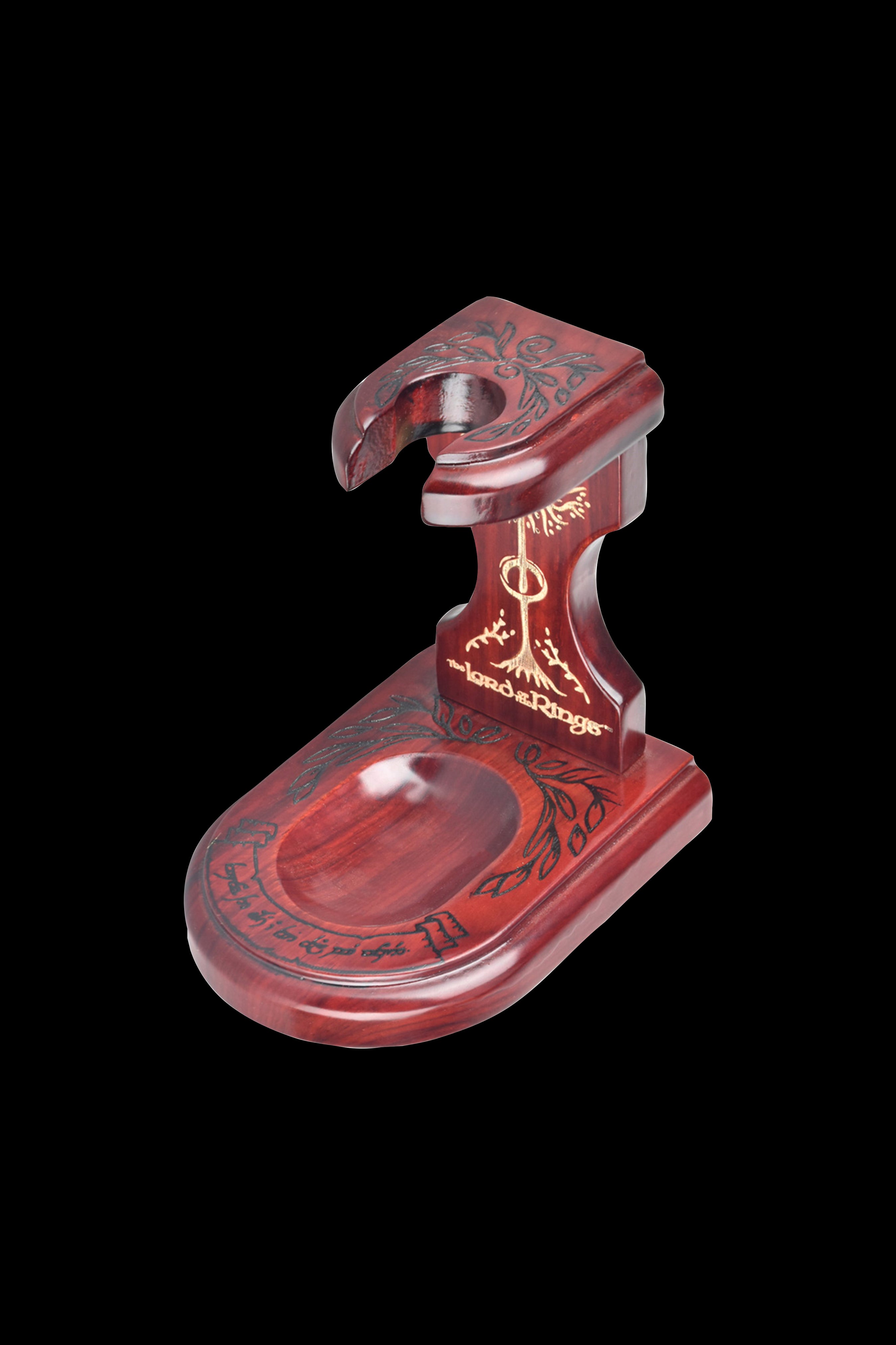 Red, ornate pipe stand with "The Lord of the Rings" inscription, designed to hold a pipe or cannabis smoking device.