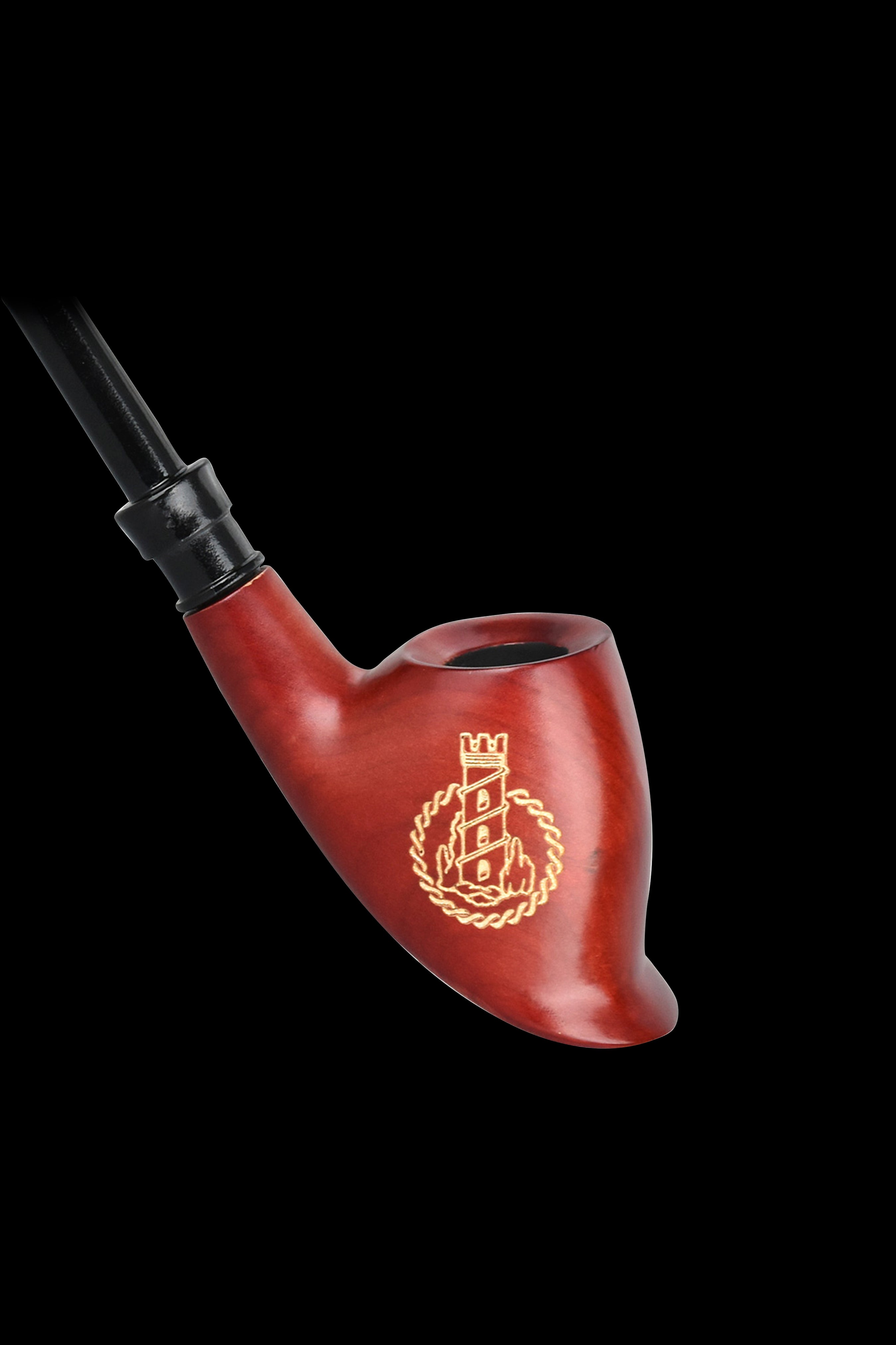 Red glass pipe with gold lighthouse design against a black background.