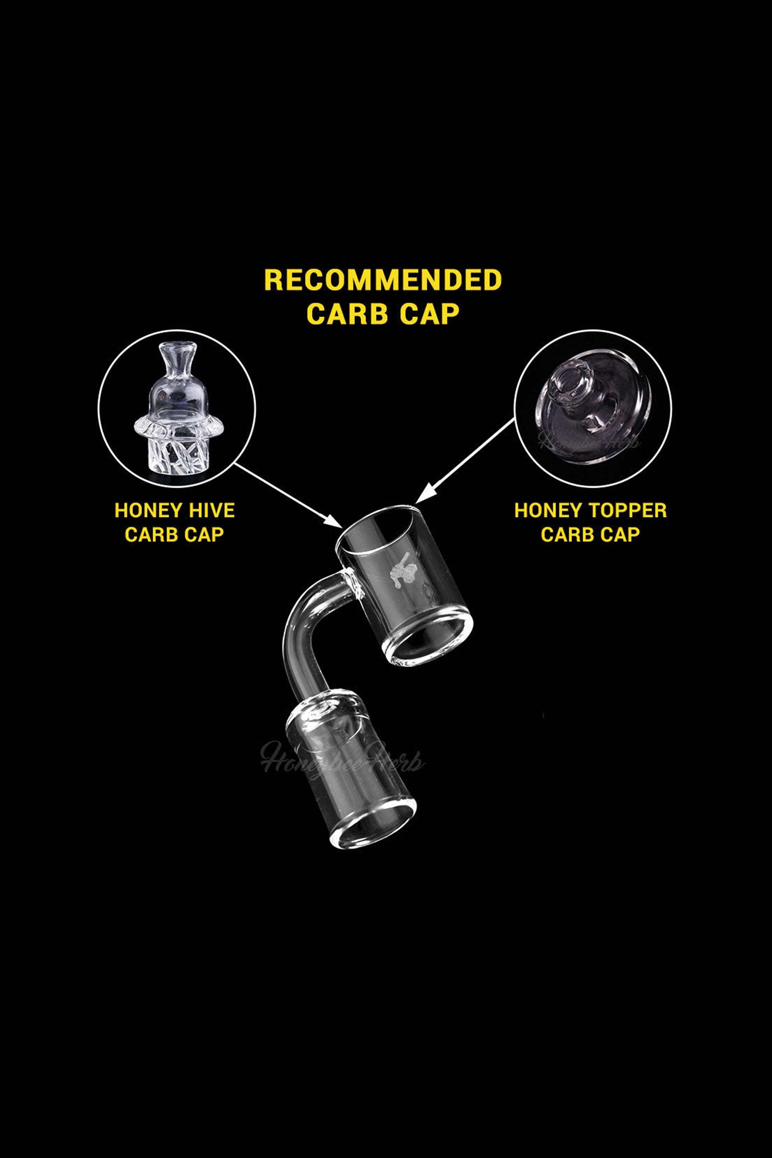 Close-up of a glass dab rig with callouts for compatible carb caps: Honey Hive and Honey Topper.
