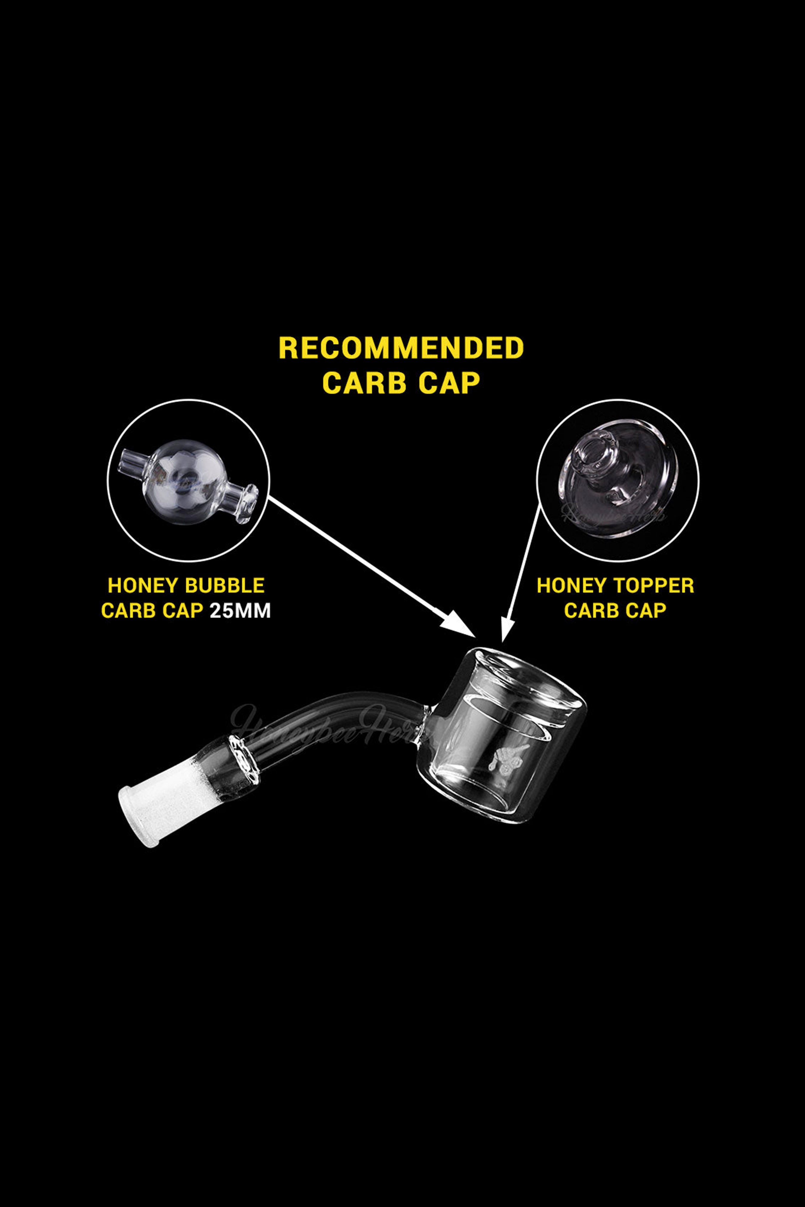 Product shot of two carb cap styles – Honey Bubble 25mm and Honey Topper – alongside a glass smoking apparatus on a black background.