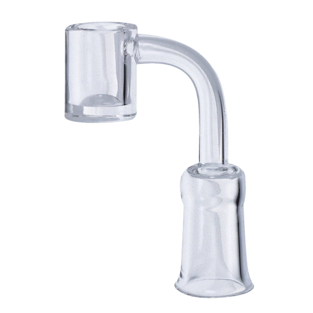 Close-up of the clear glass Replacement 90 Degree Flat Bow showing its 90° angled neck and cup against a white background