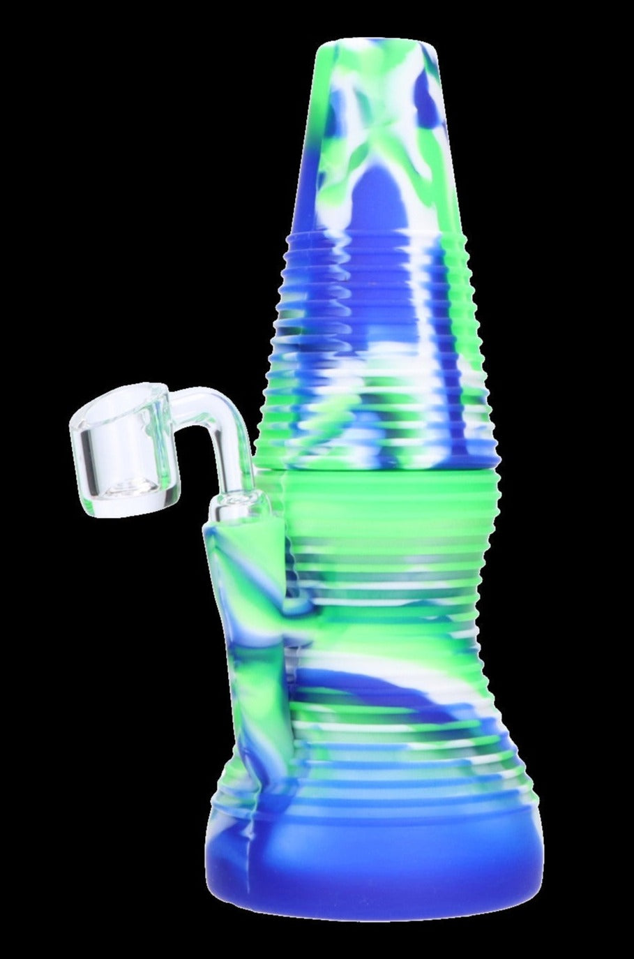 Blue and green silicone water pipe with a glass bowl.