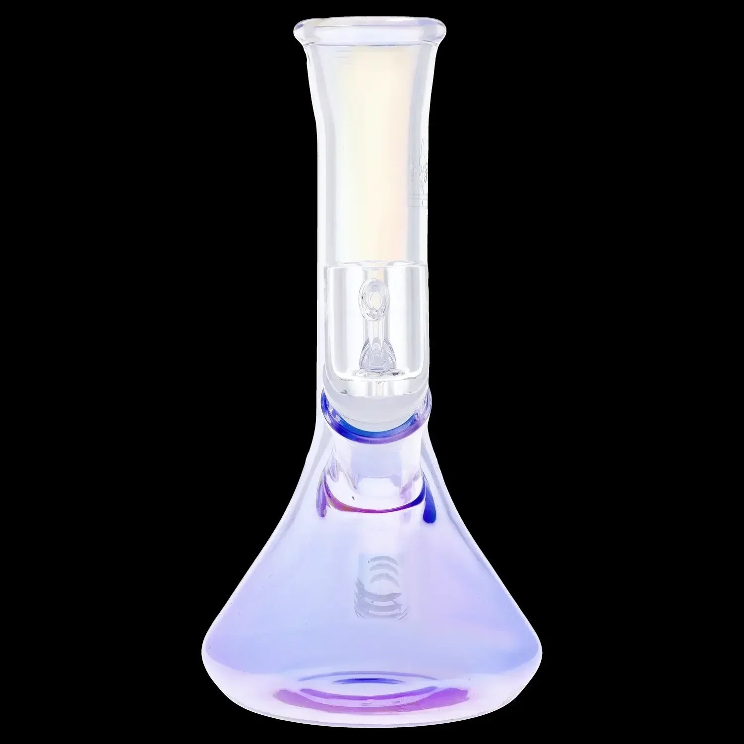 Iridescent glass water pipe (bong) with a downstem, isolated on a black background.