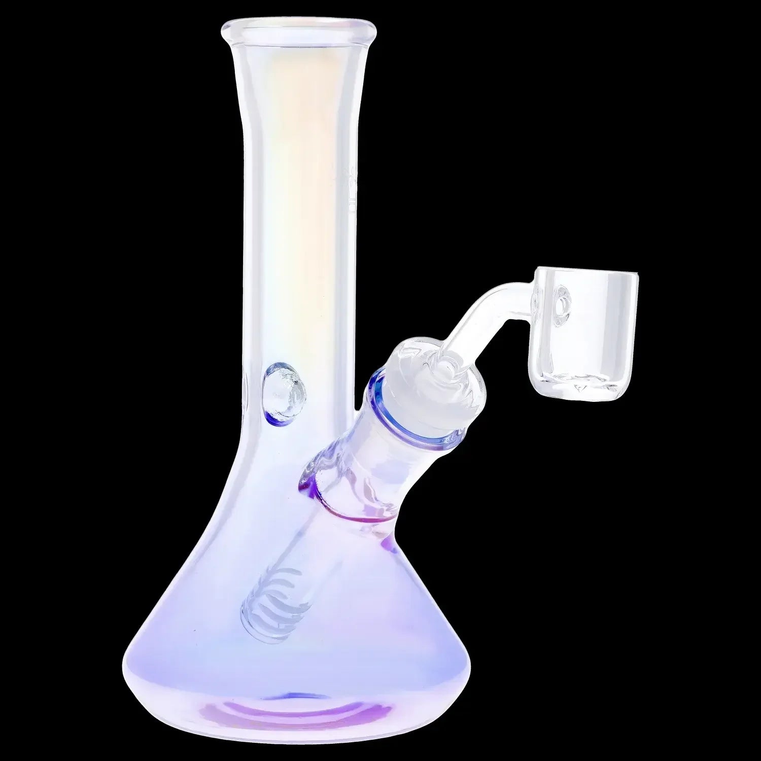 Iridescent glass dab rig with a quartz banger.