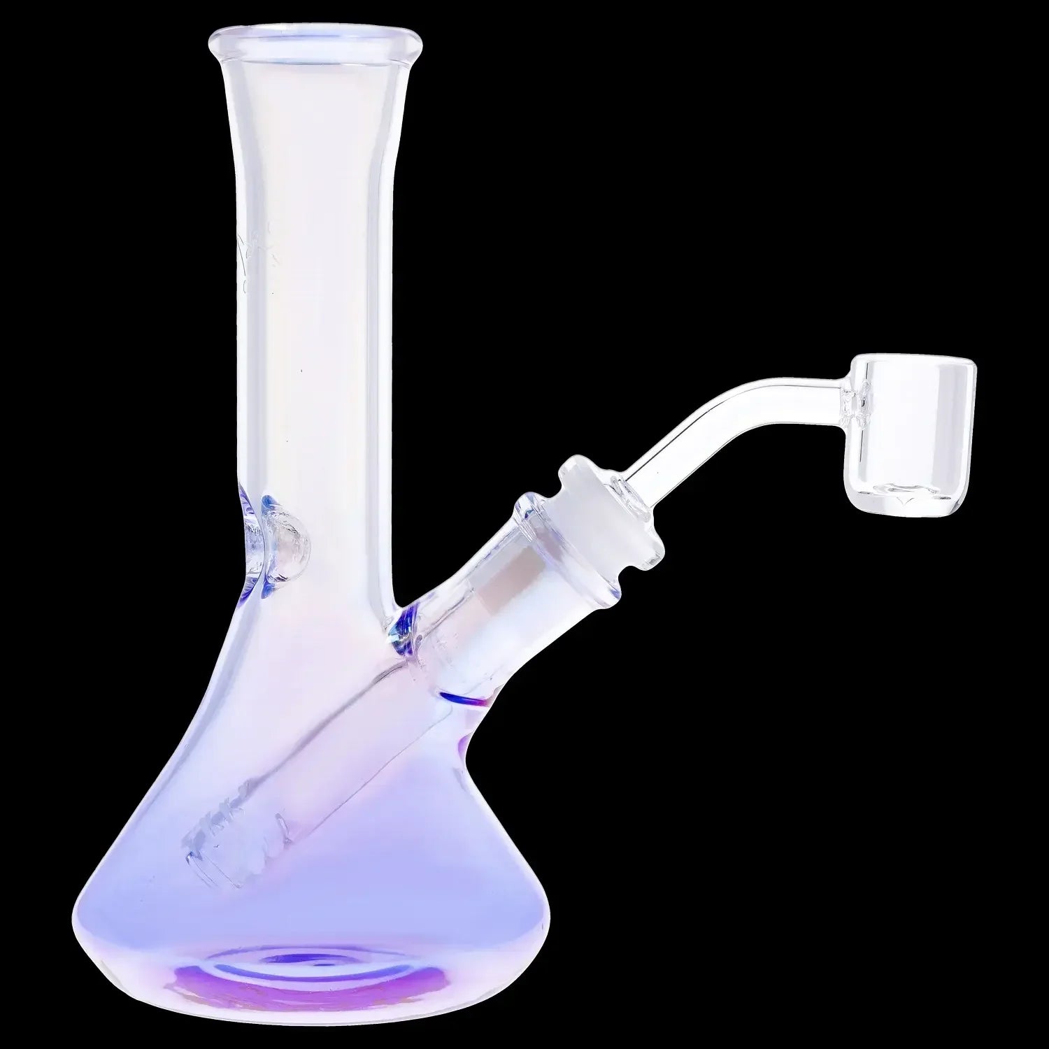 Iridescent glass bong with a quartz banger.