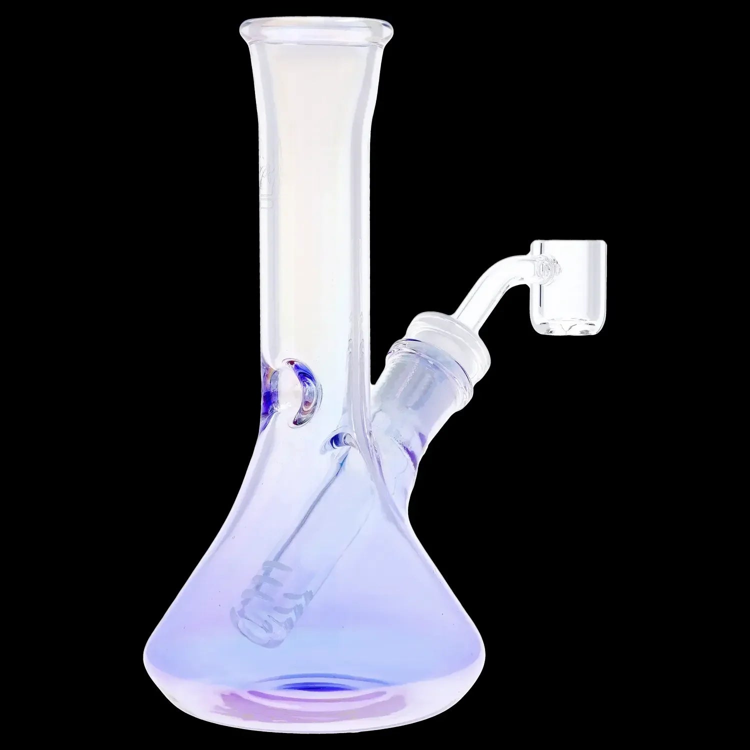 Iridescent glass water pipe with a quartz banger.