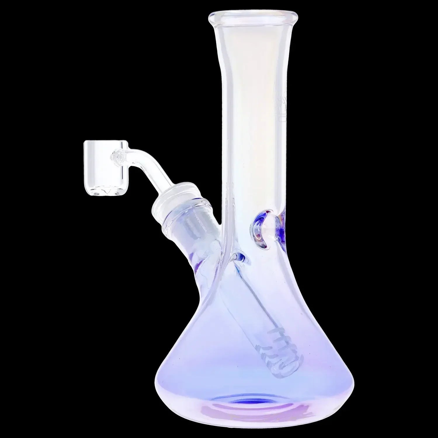 Purple and clear glass dab rig with a quartz banger.