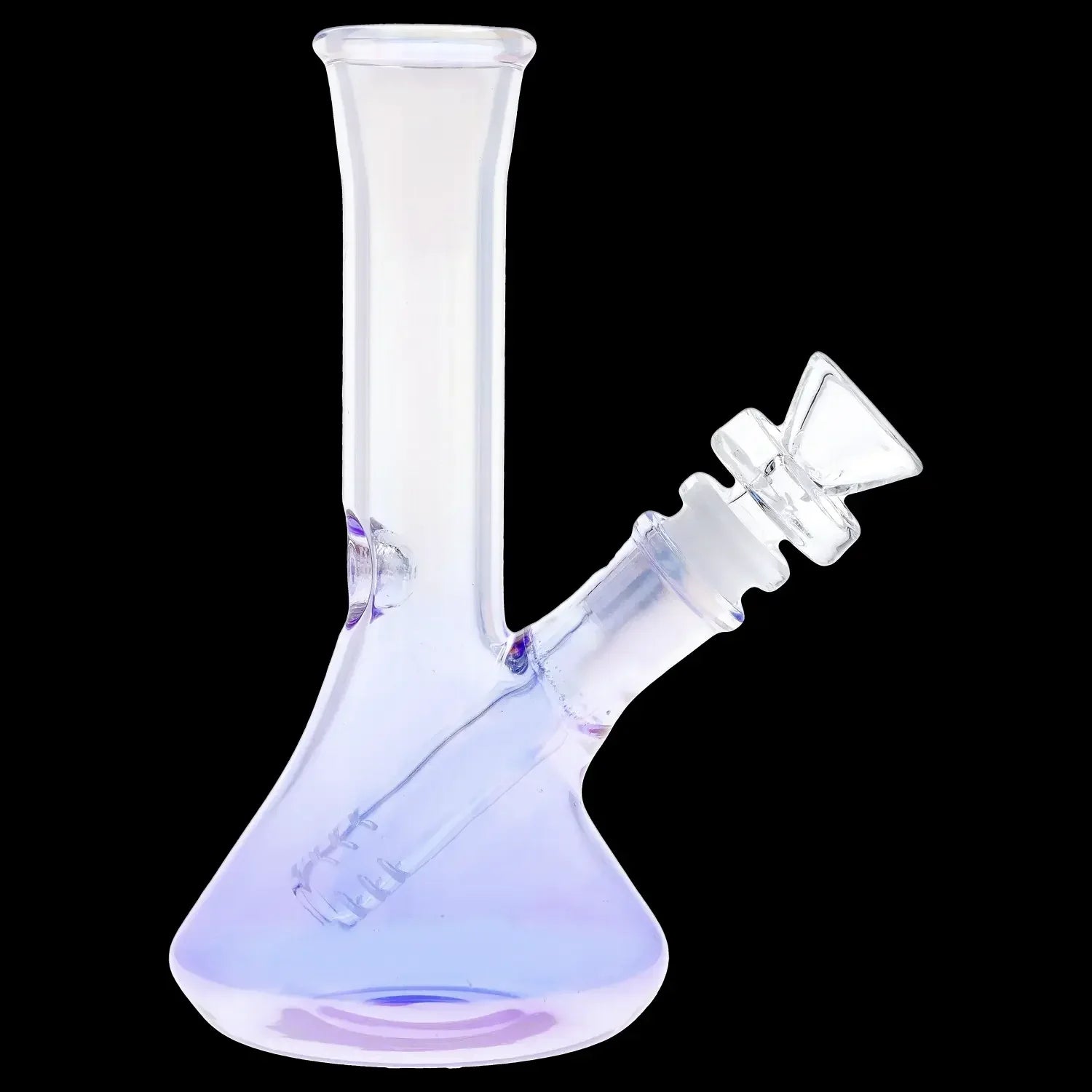 Glass bong with iridescent purple and blue coloring.