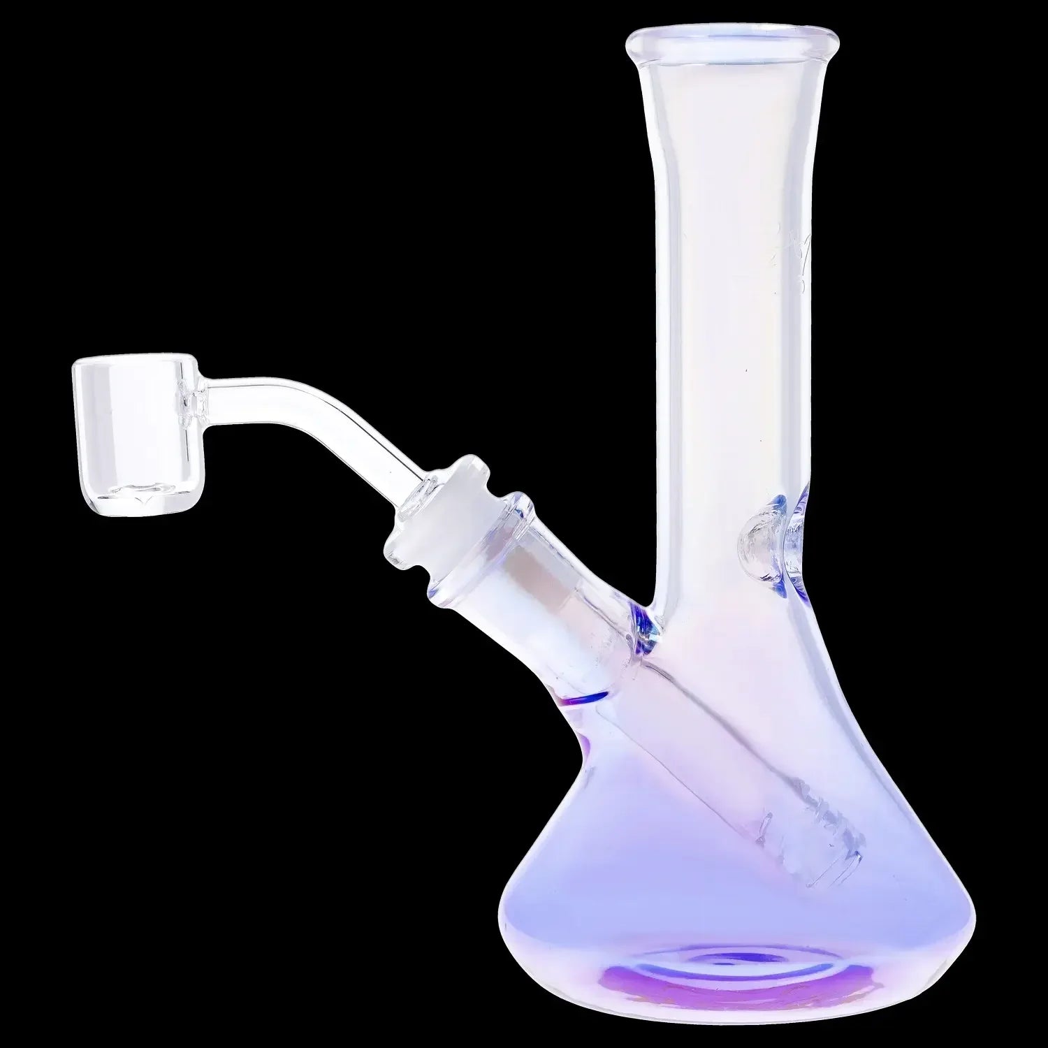 Oil rig with quartz banger, displaying iridescent purple and blue glass.