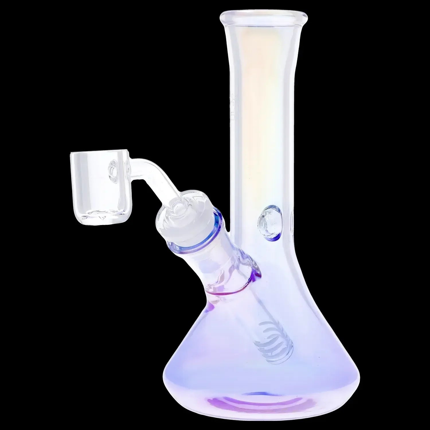 Iridescent glass dab rig with a quartz banger.