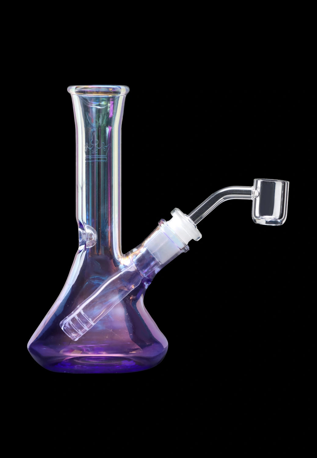 A studio shot of the 7-inch Queen of Bud Amethyst Dab Rig, showcasing its purple-tinted glass and curved design.