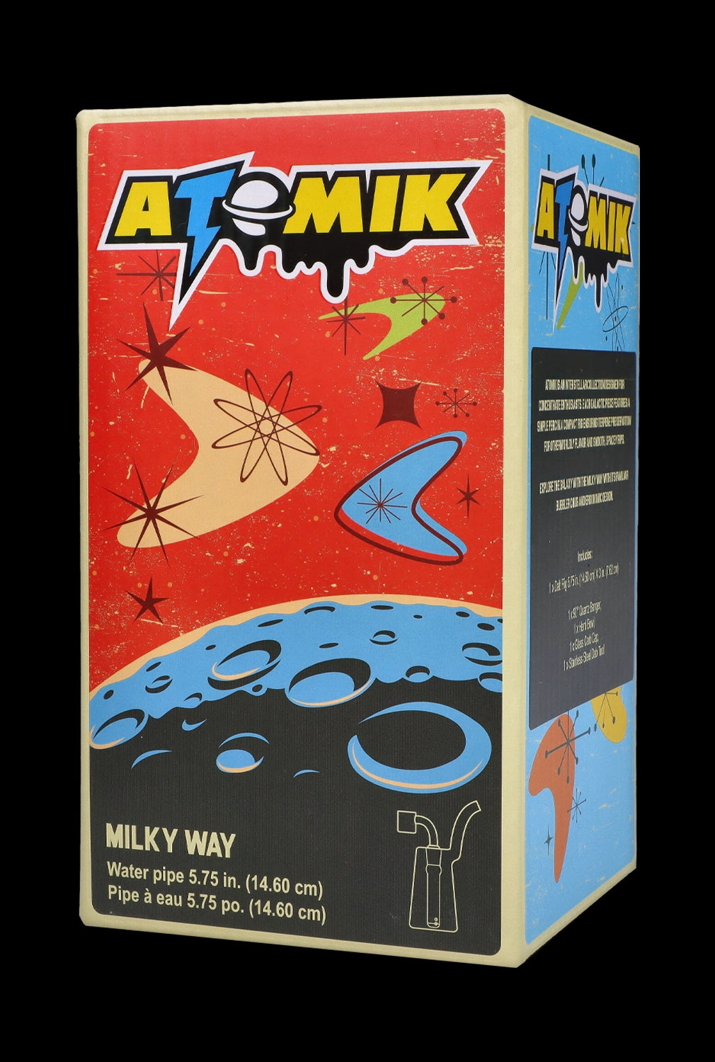 Retro-style packaging for “Atomik Milky Way” water pipe, featuring a space-themed design with a cartoon rocket and planets.