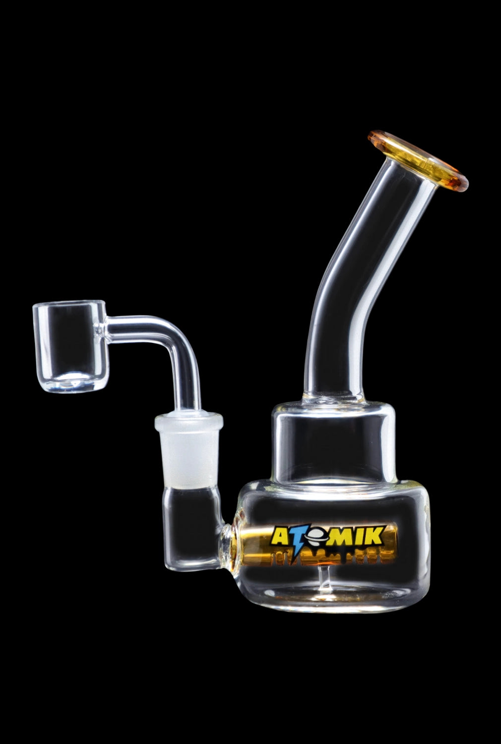 Clear glass dab rig with a quartz banger and colorful branding.