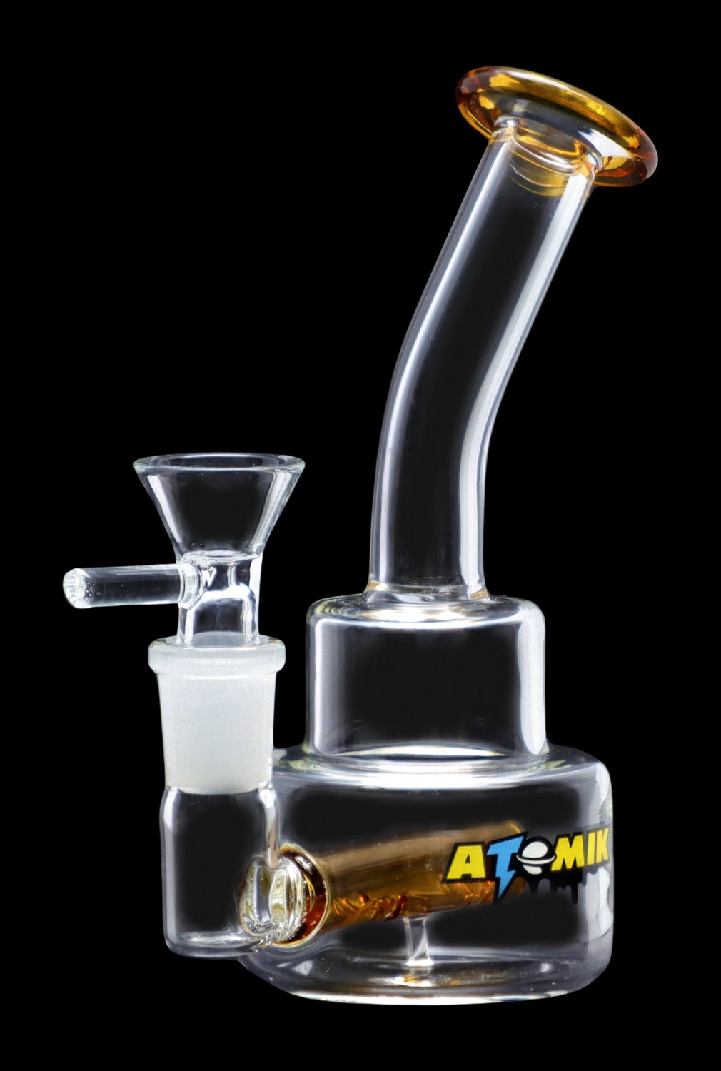 Clear glass bubbler water pipe with a flared mouthpiece and colorful accents.