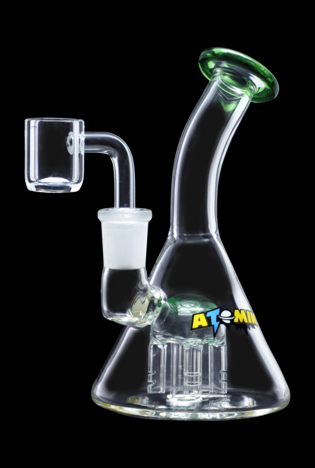 Glass dab rig with a honeycomb perc diffuser and quartz nail.