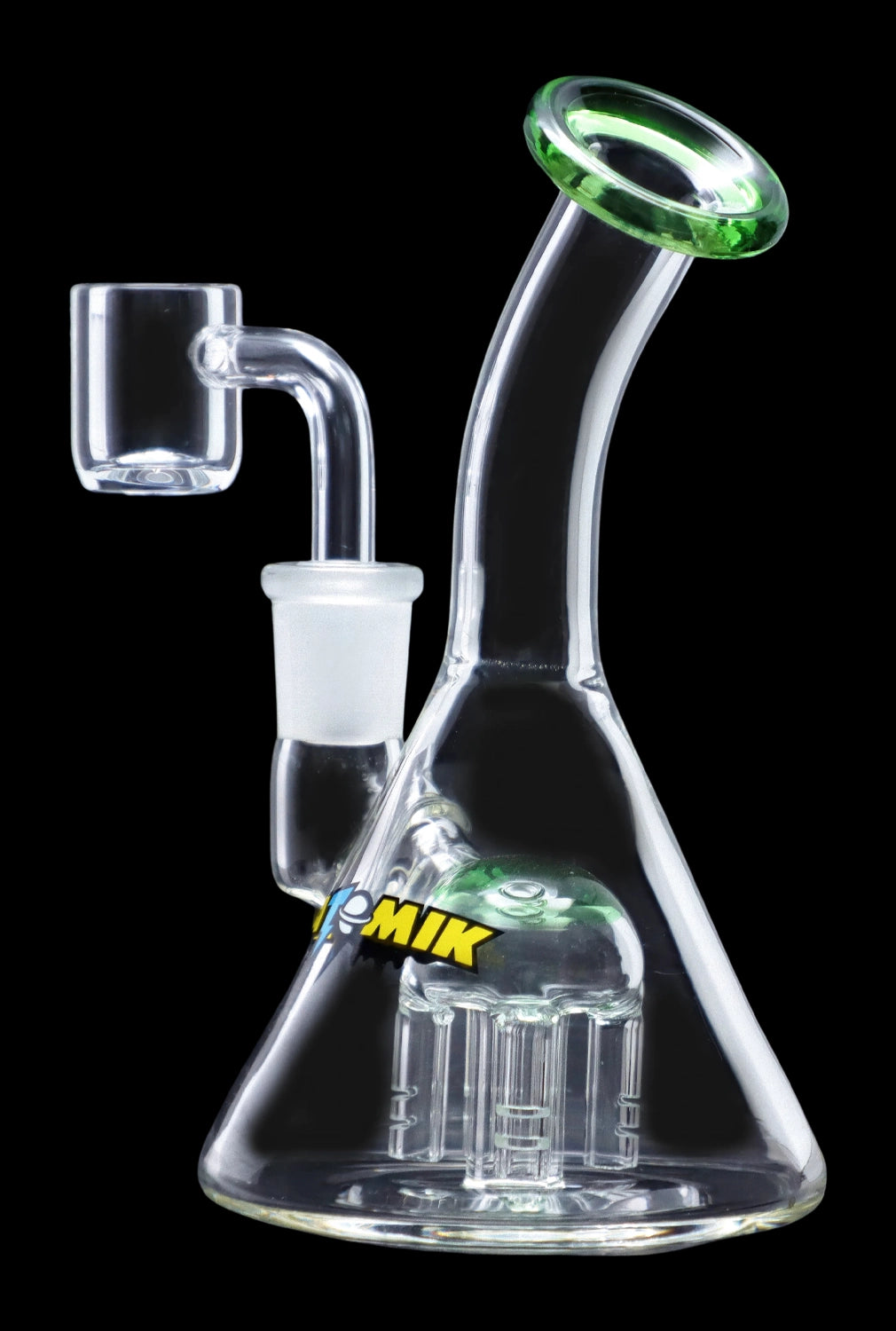 Glass water pipe (bong) with a quartz nail and colorful accents, isolated on a black background.