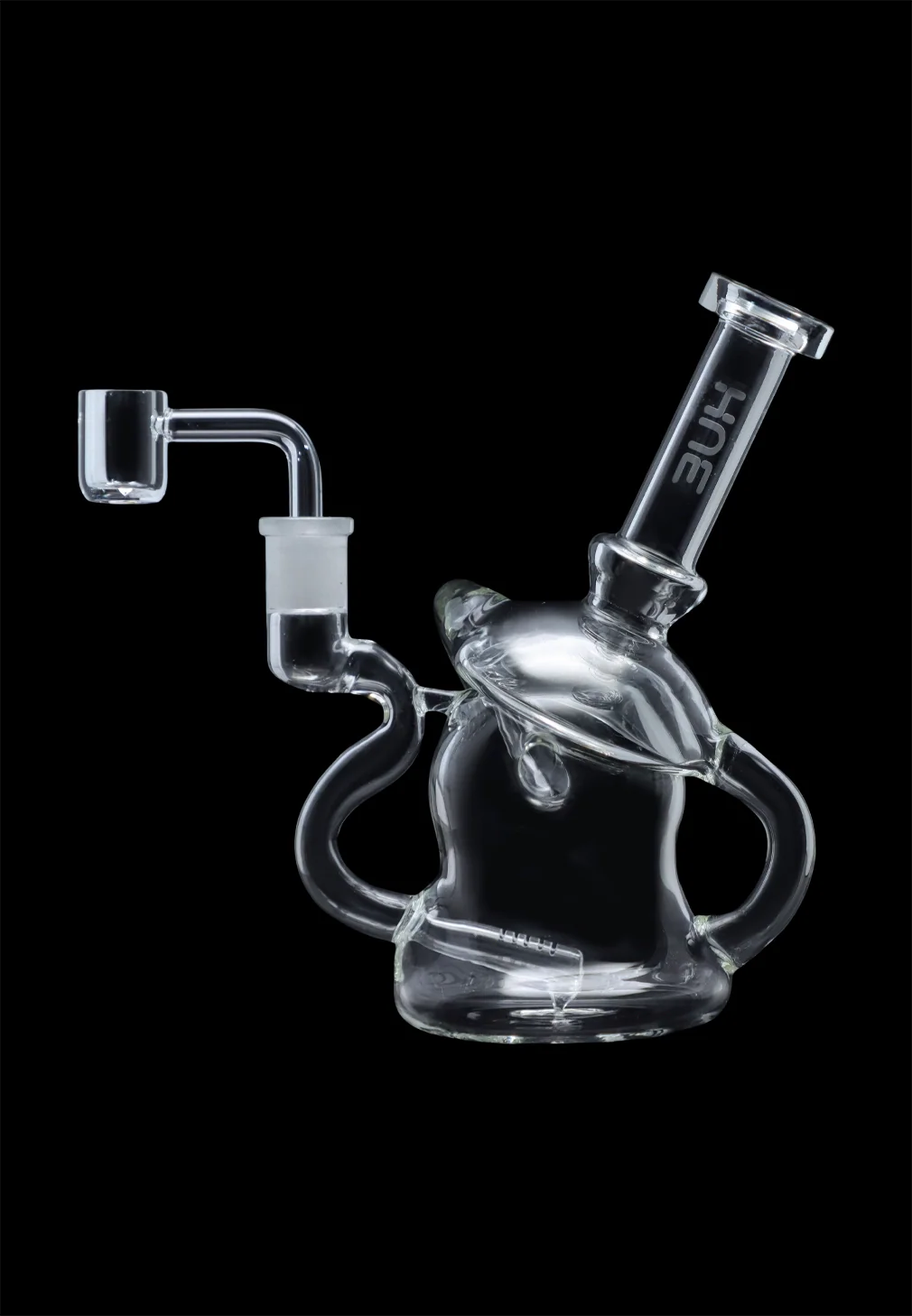Angled side view of the clear Hue - Mushroom Dab Rig Clear - 6.8" against a black background, highlighting its rounded mushroom body and curved handles.