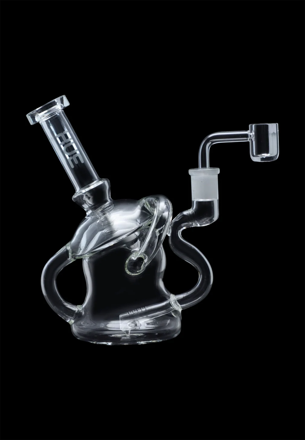 Angled studio shot of the Hue - Mushroom Dab Rig Clear - 6.8" showing its clear glass mushroom-shaped body, curved tubes, and attached banger against a black background