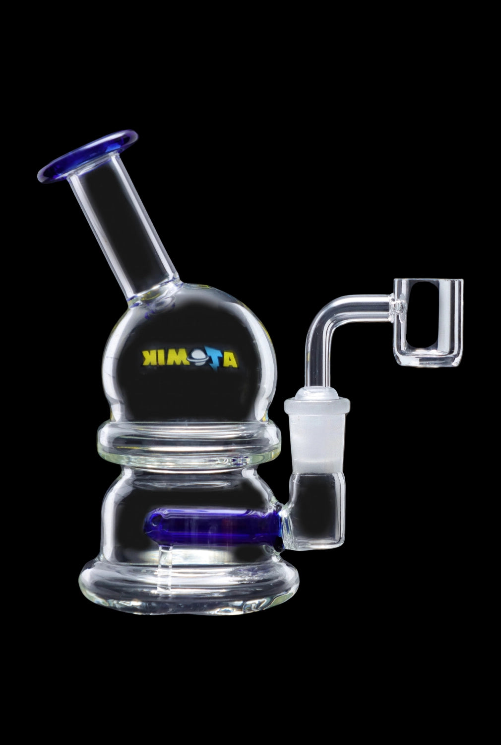 Glass water pipe (rig) with a quartz banger, isolated on a black background.