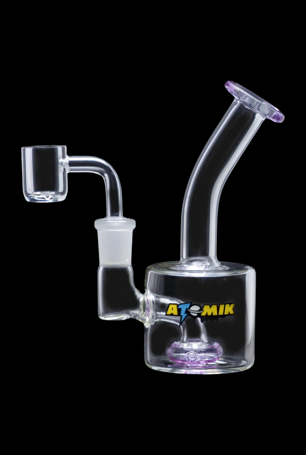 A side view of the Atomik Little Dipper Dab Rig showing the clear glass construction and angled neck.
