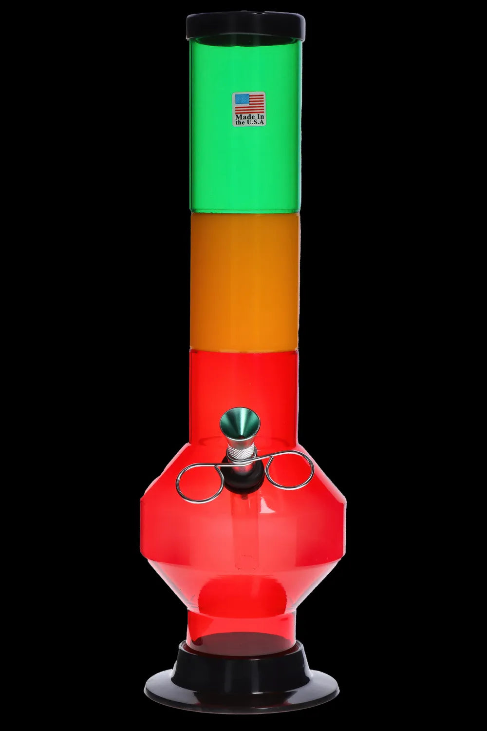 Tall, front view of the JM Plastics Rasta Geometric with Pull Slide Acrylic Bong showing stacked green, yellow, and red sections against a black background.