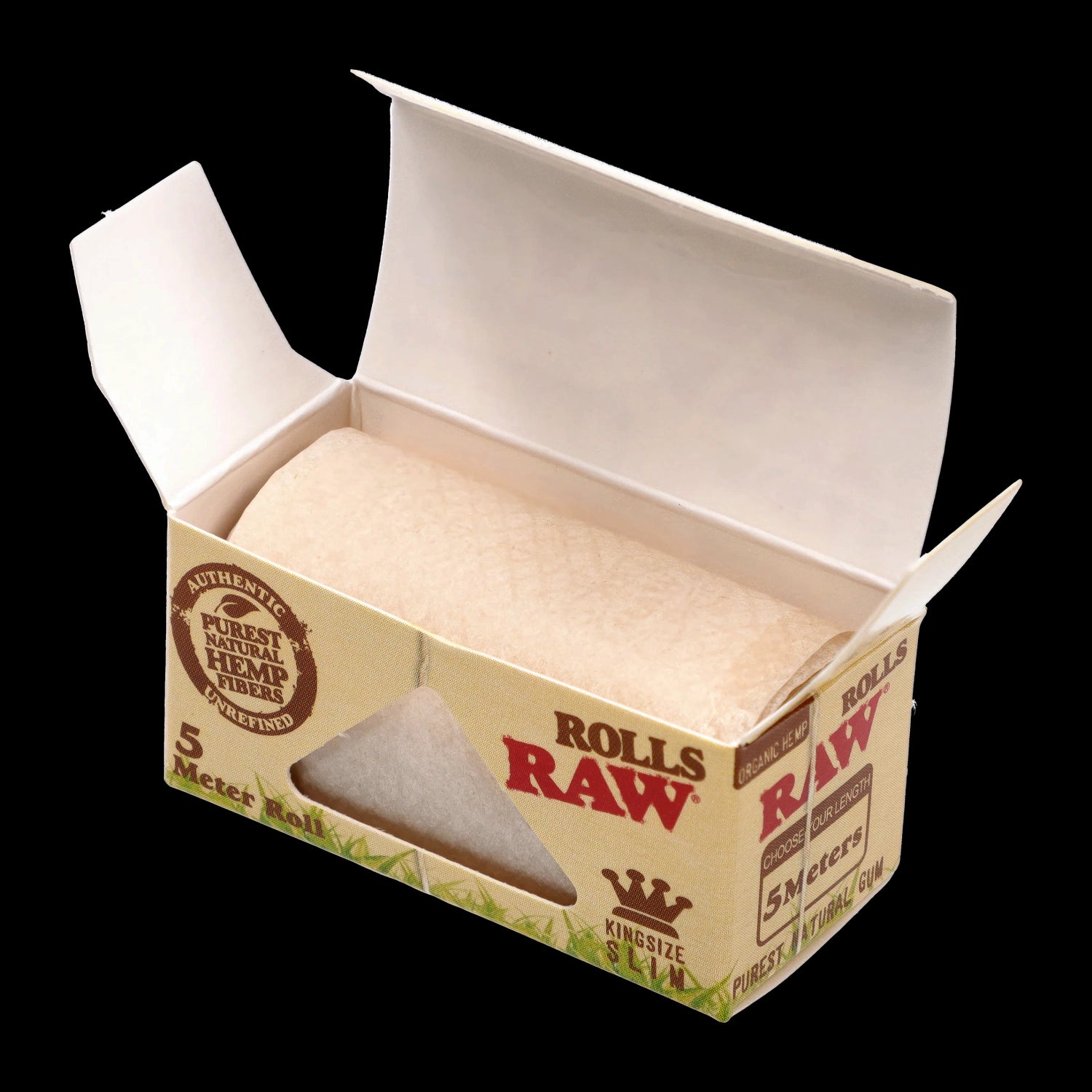 Top-down view of an open box showing the tan roll inside of the Smoke Cartel RAW - King Size Slim 5 Meter Paper Roll - Organic Hemp.