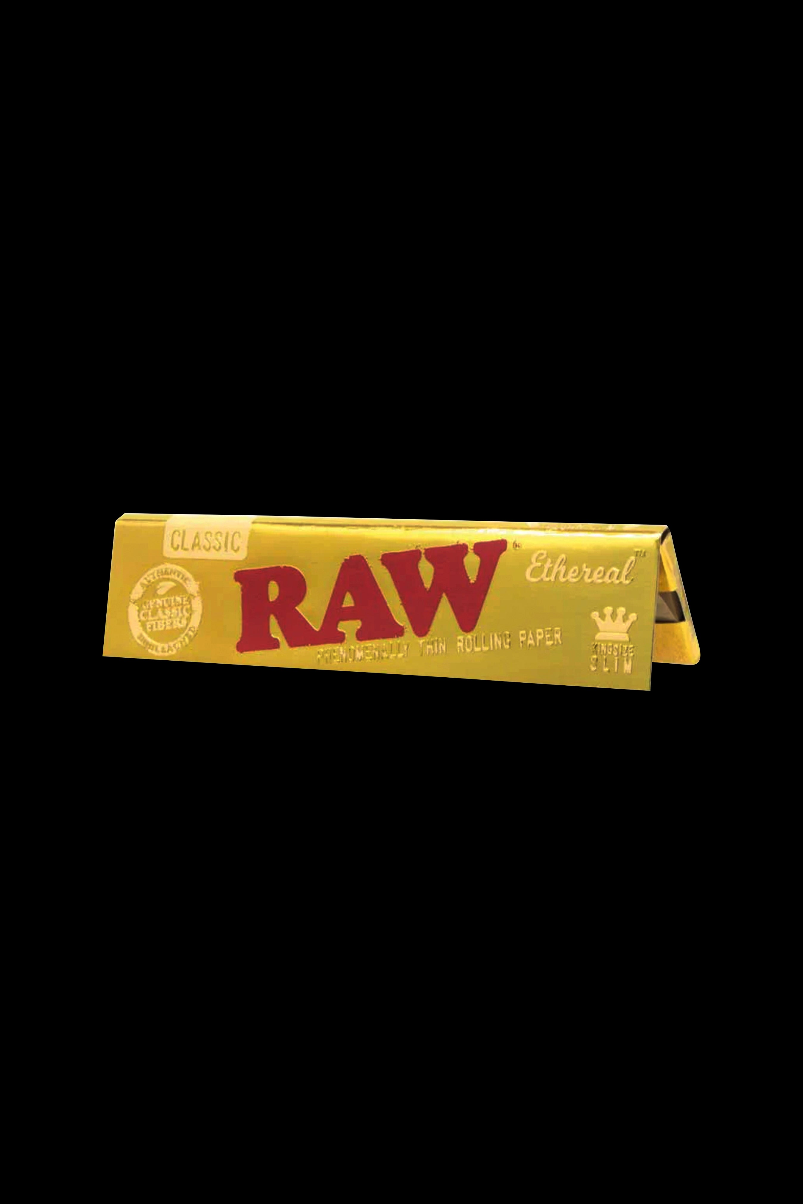 Pack of RAW Ethereal rolling papers on a black background.