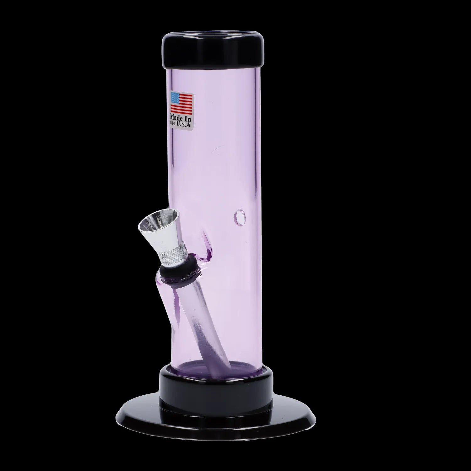 Pink glass water pipe with a metal bowl, isolated on a black background.