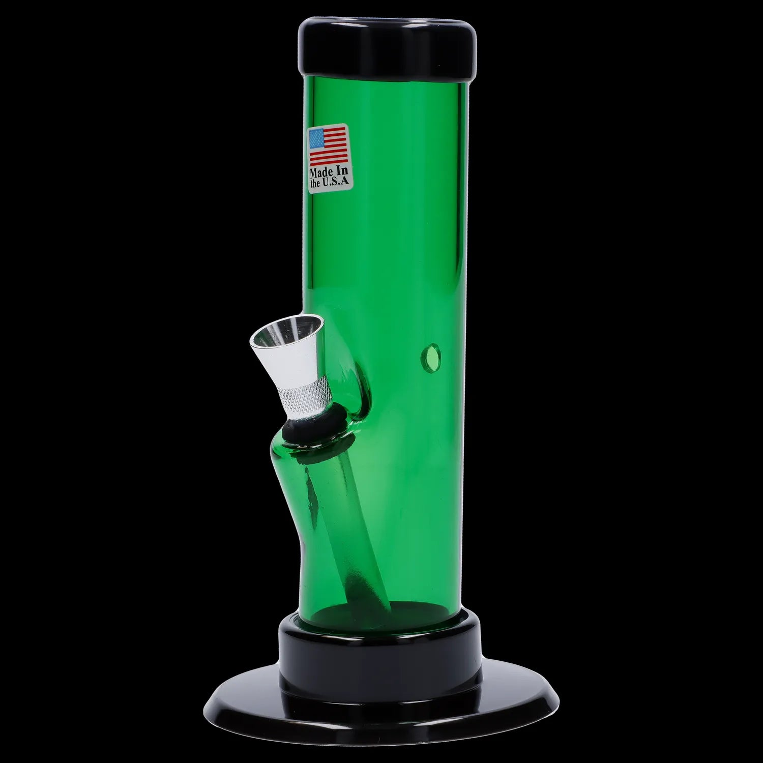 Green glass water pipe with a black base and downstem.