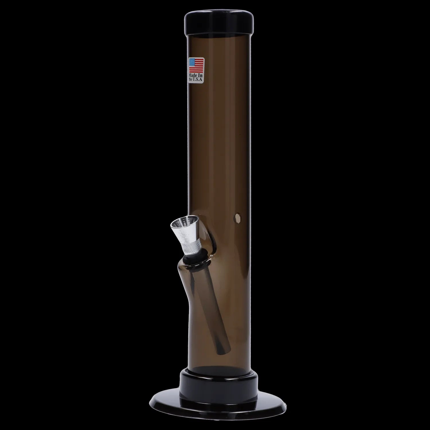 Brown acrylic water pipe with a metal screen and black accents, isolated on a black background.