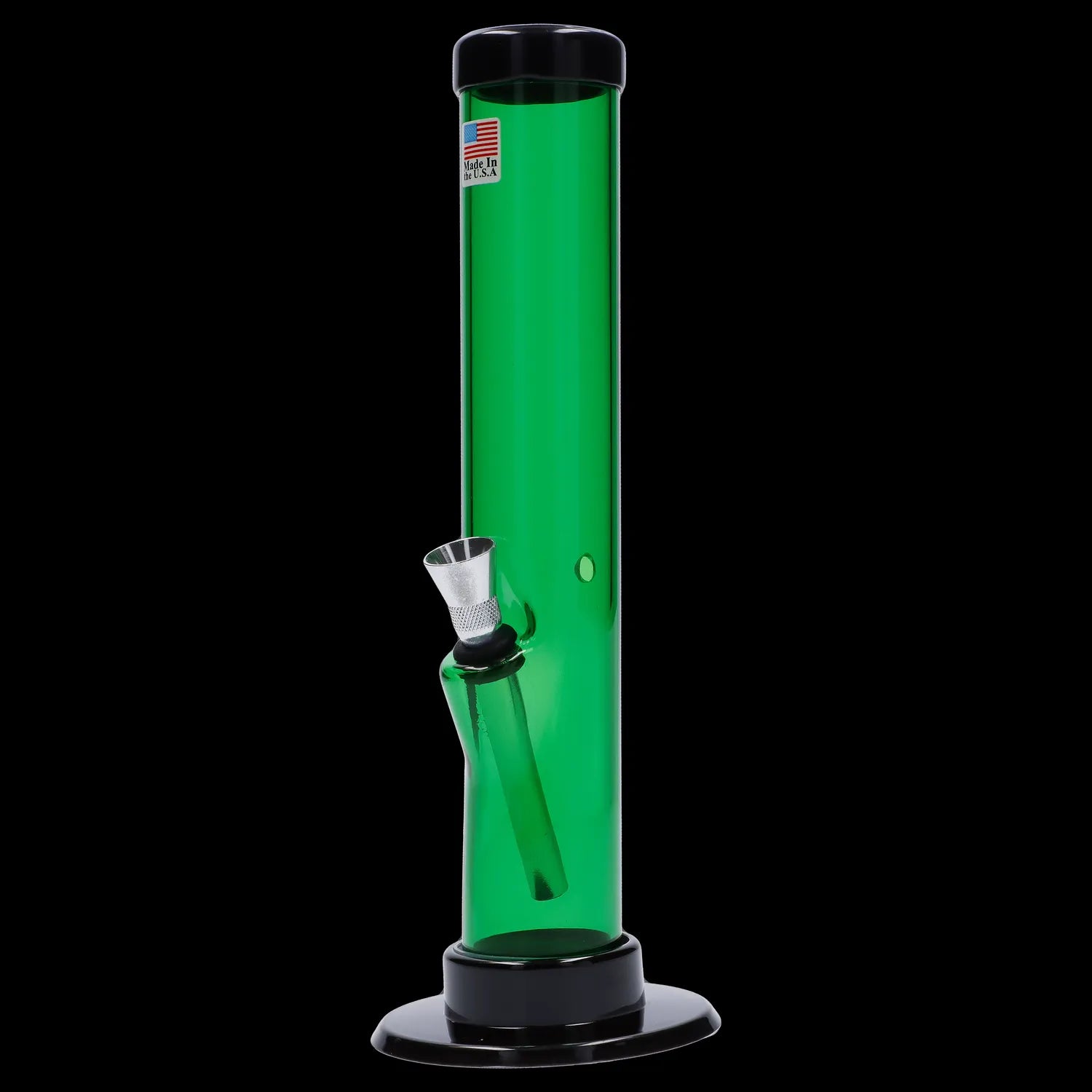 Green glass bong with metal downstem and base.