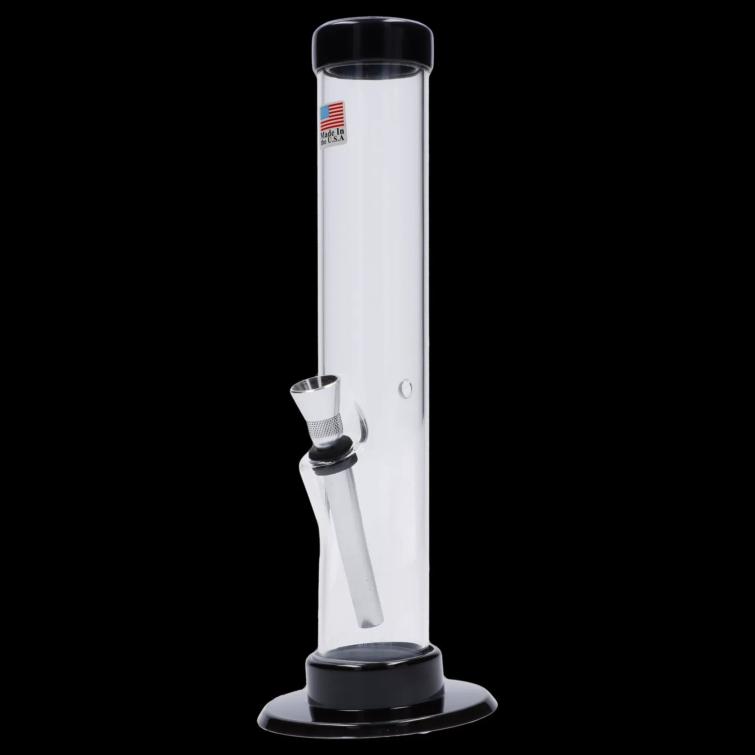 Clear glass bong with a black base and mouthpiece.