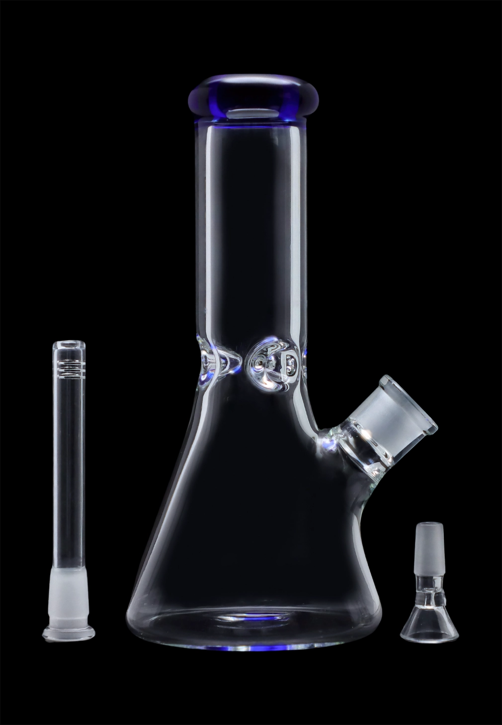 Front view of the 10-inch Smoke Cartel Beaker water pipe with a blue mouthpiece, displayed against a dark background.