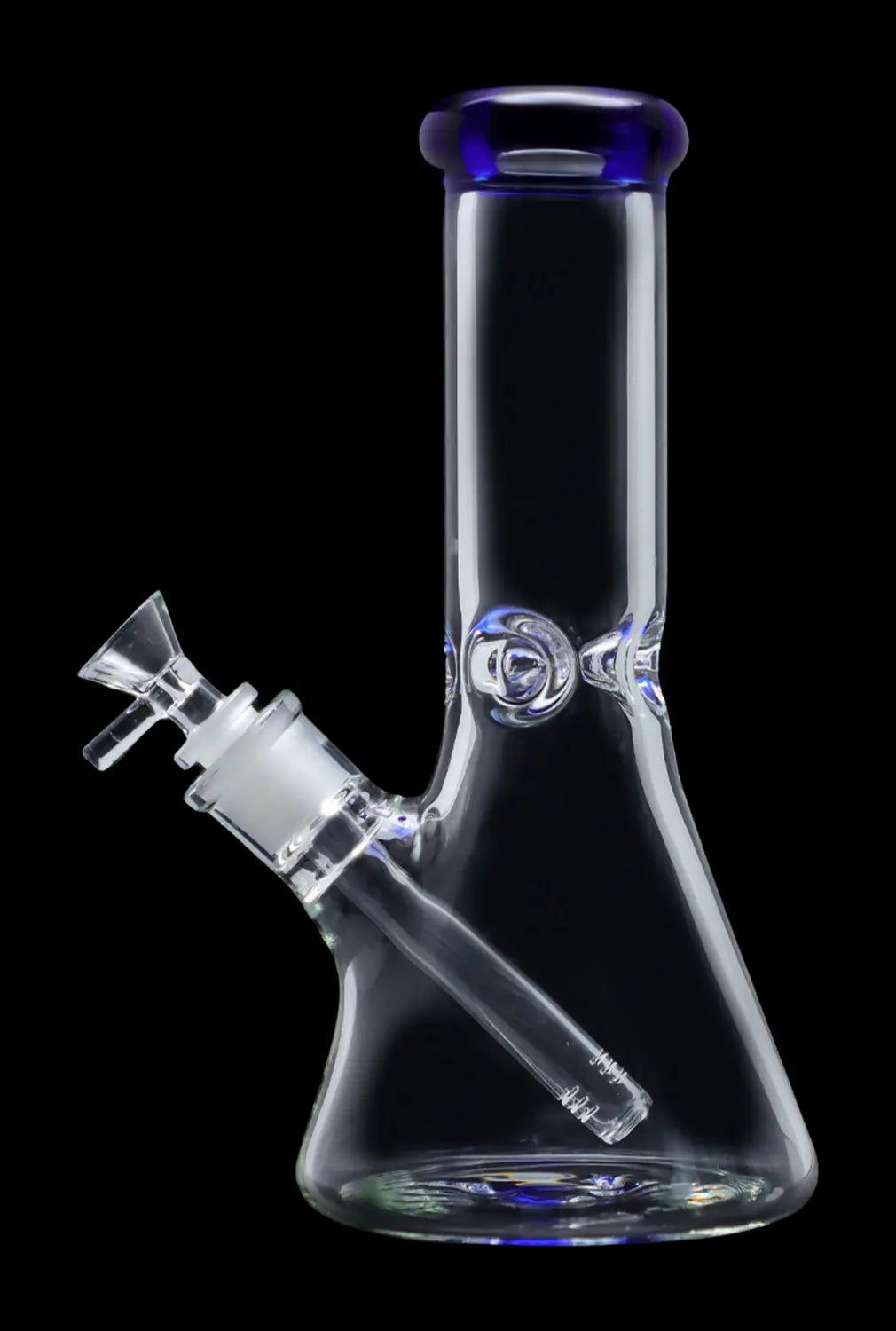 Front view of the 10-inch Smoke Cartel Beaker with a colorful mouthpiece, displaying its clear glass construction and ice pinch.