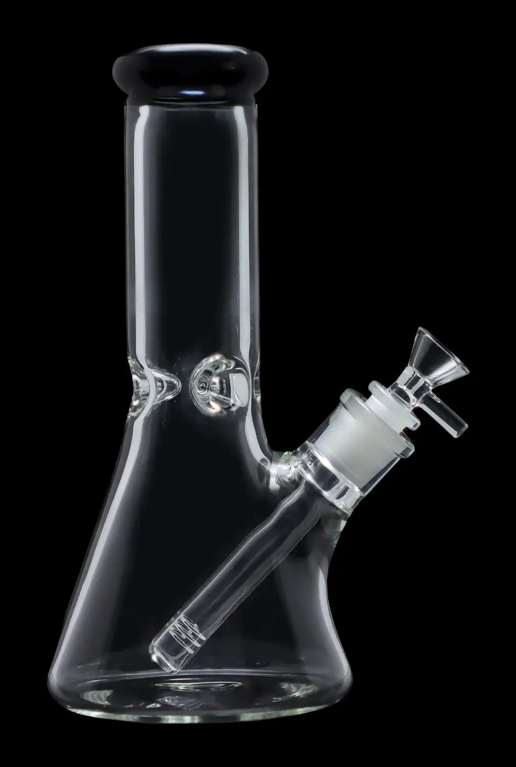 A studio shot of the 10-inch Smoke Cartel Beaker water pipe, displaying its clear glass construction and angled view.