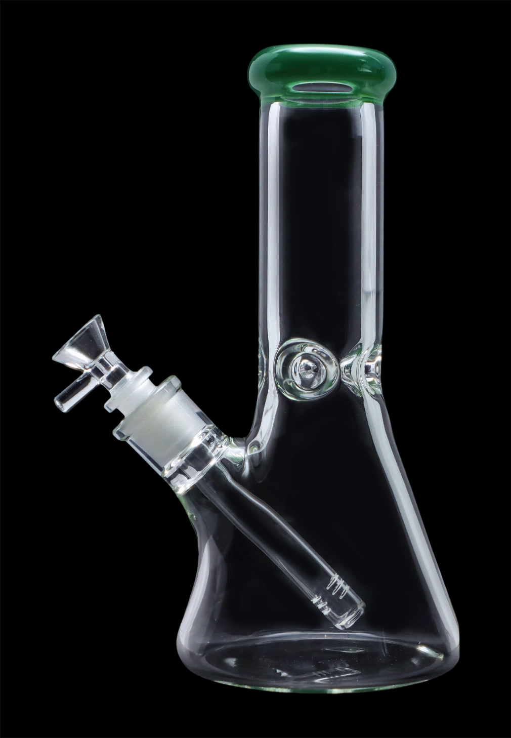 A front view of the 10-inch Smoke Cartel Beaker water pipe with a colored mouthpiece and ice pinch, displayed against a dark background.