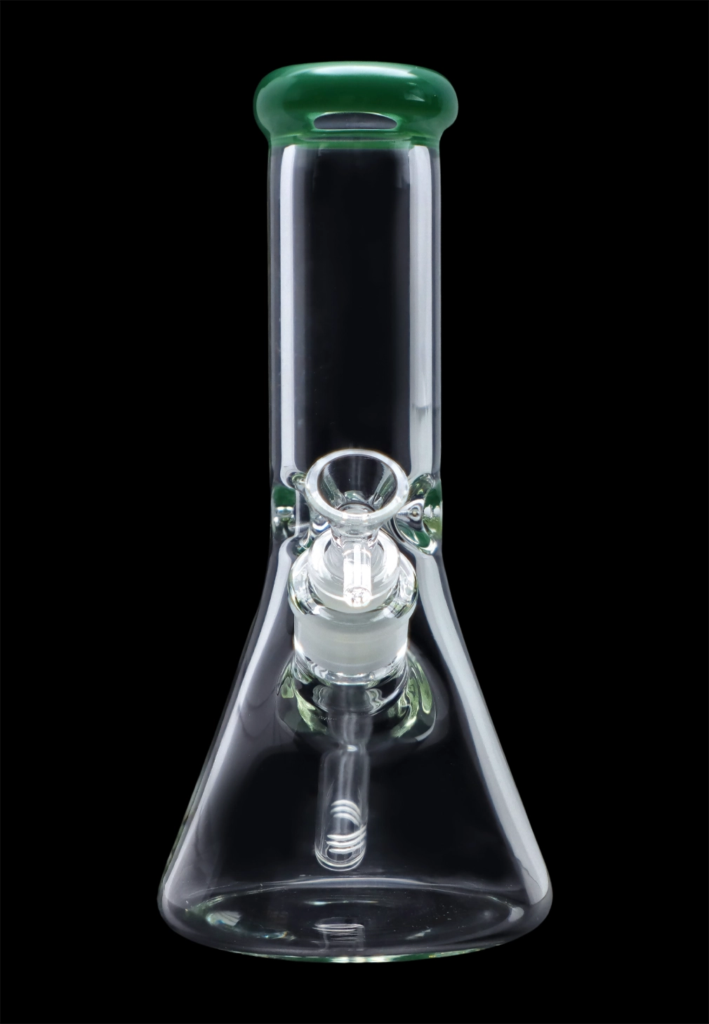 A front view of the 10-inch Smoke Cartel Beaker water pipe with a colorful mouthpiece, highlighting its clean glass construction.